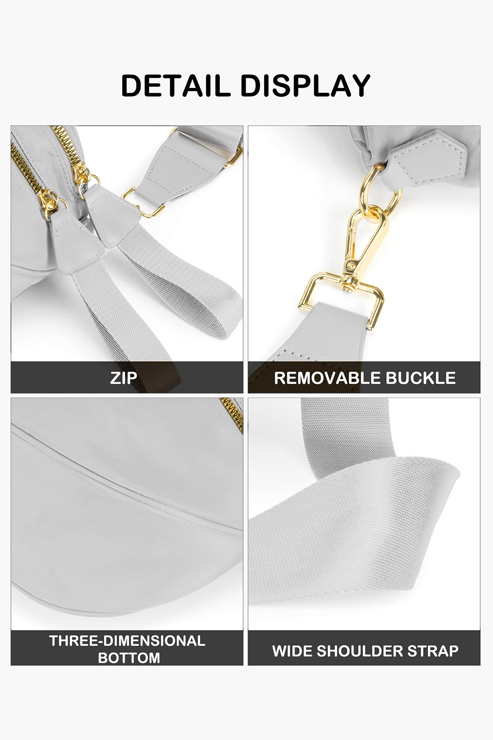 Light Grey Double Zip Crescent Shape Adjustable Sling Bag - loveforevers