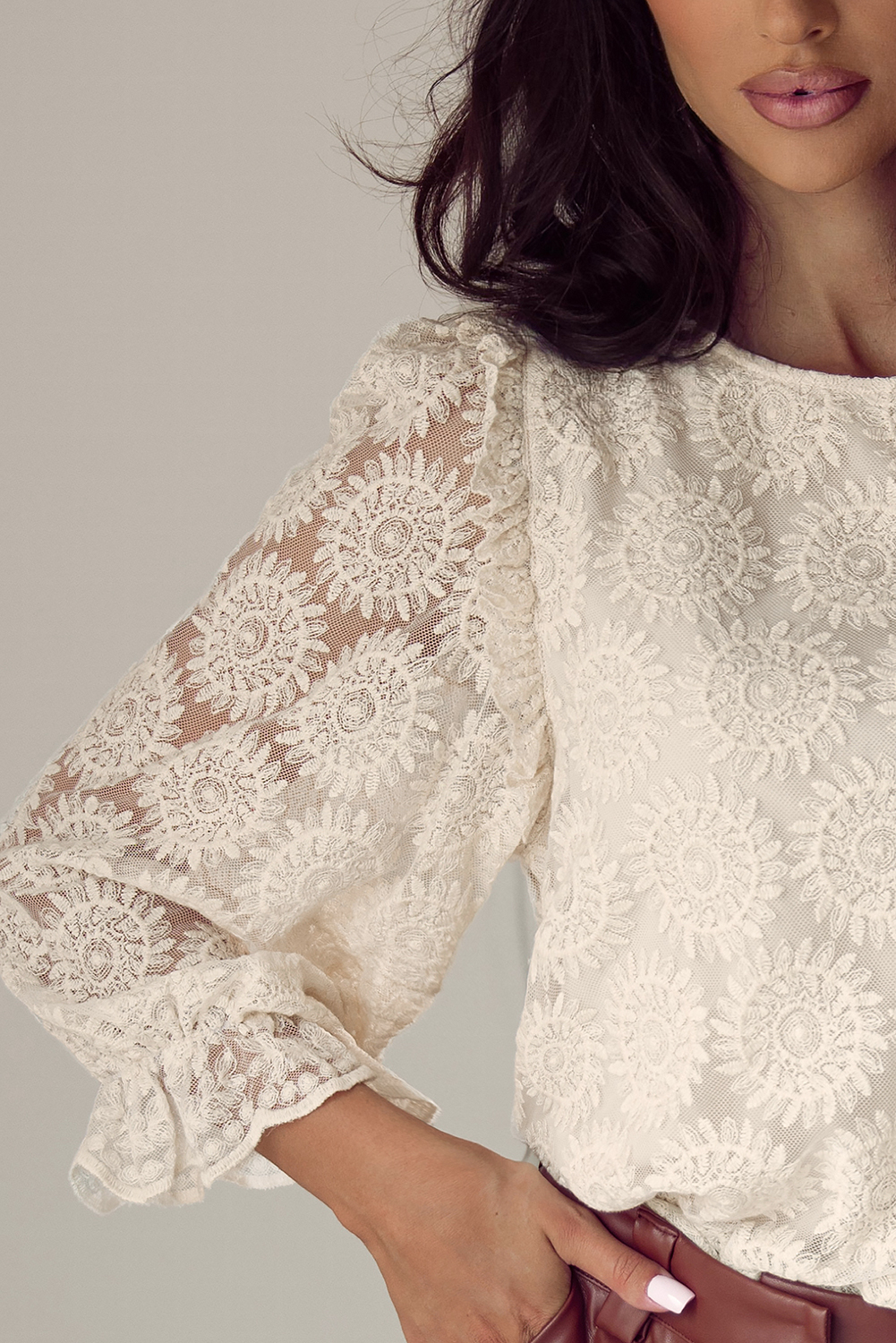 Oatmeal Flower Jacquard Button Back Ruffled 3/4 Sleeve Blouse - loveforevers
