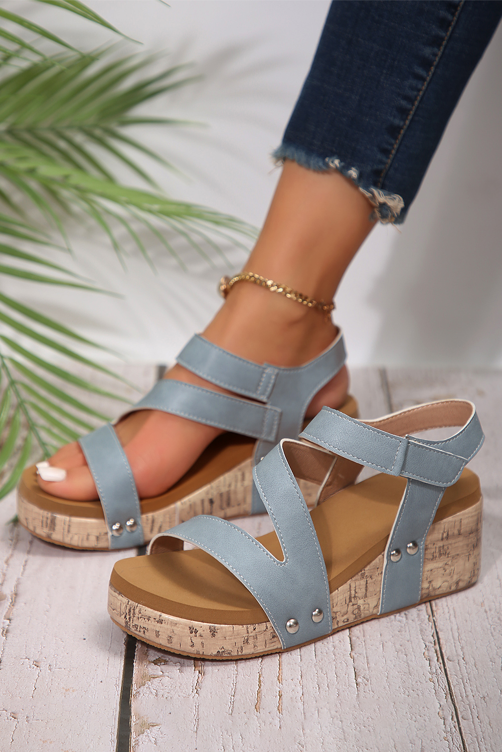 Light Blue Hollow Out Velcro Leather Wedge Sandals - loveforevers