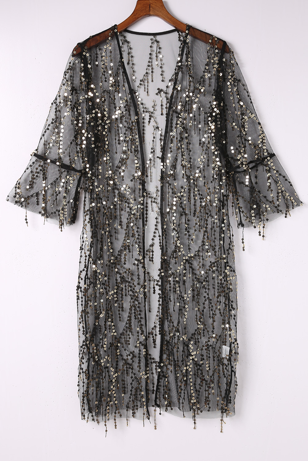 Black Sequin Sheer Long Sleeve Open Front Kimono - loveforevers
