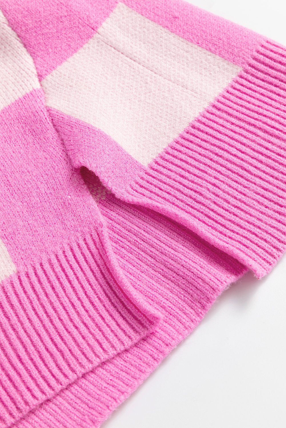 Pink Checkerboard Half Button Collared Drop Shoulder Sweater - loveforevers