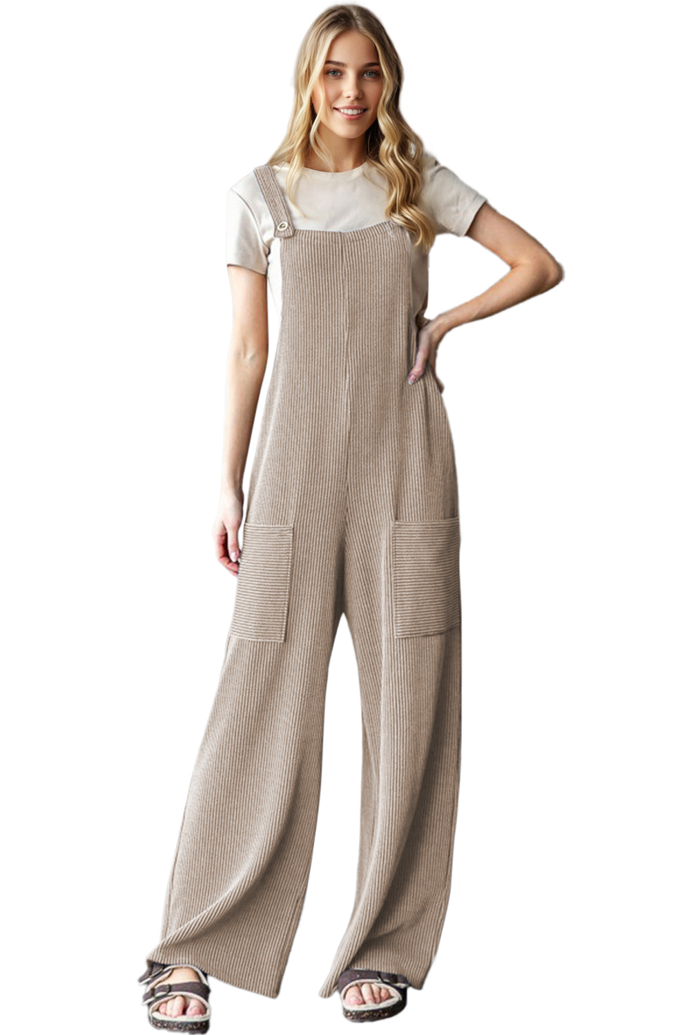 Dark Grey Ribbed Knit Patched Pocket Wide Leg Overalls - loveforevers