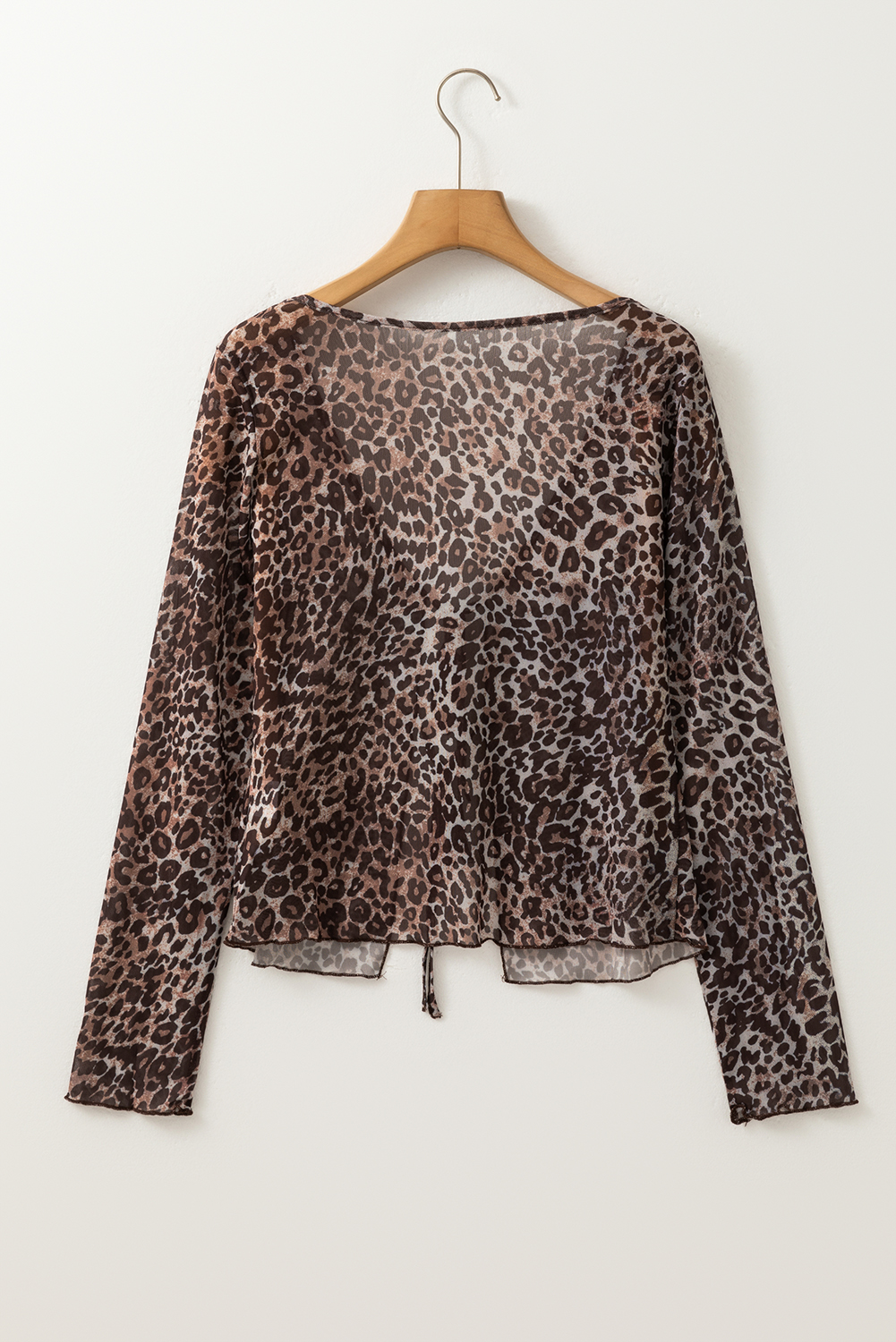 Multicolour Leopard Sheer Mesh Long Sleeve V Neck Lace-up Blouse - loveforevers