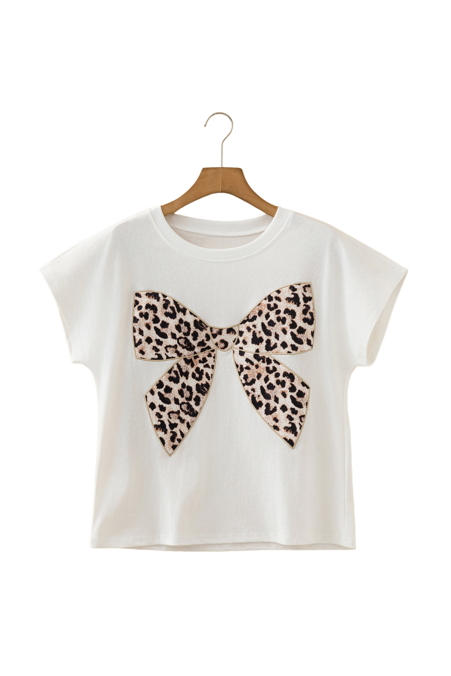 Pink Leopard Bow Embroidered Cotton Round Neck T Shirt - loveforevers