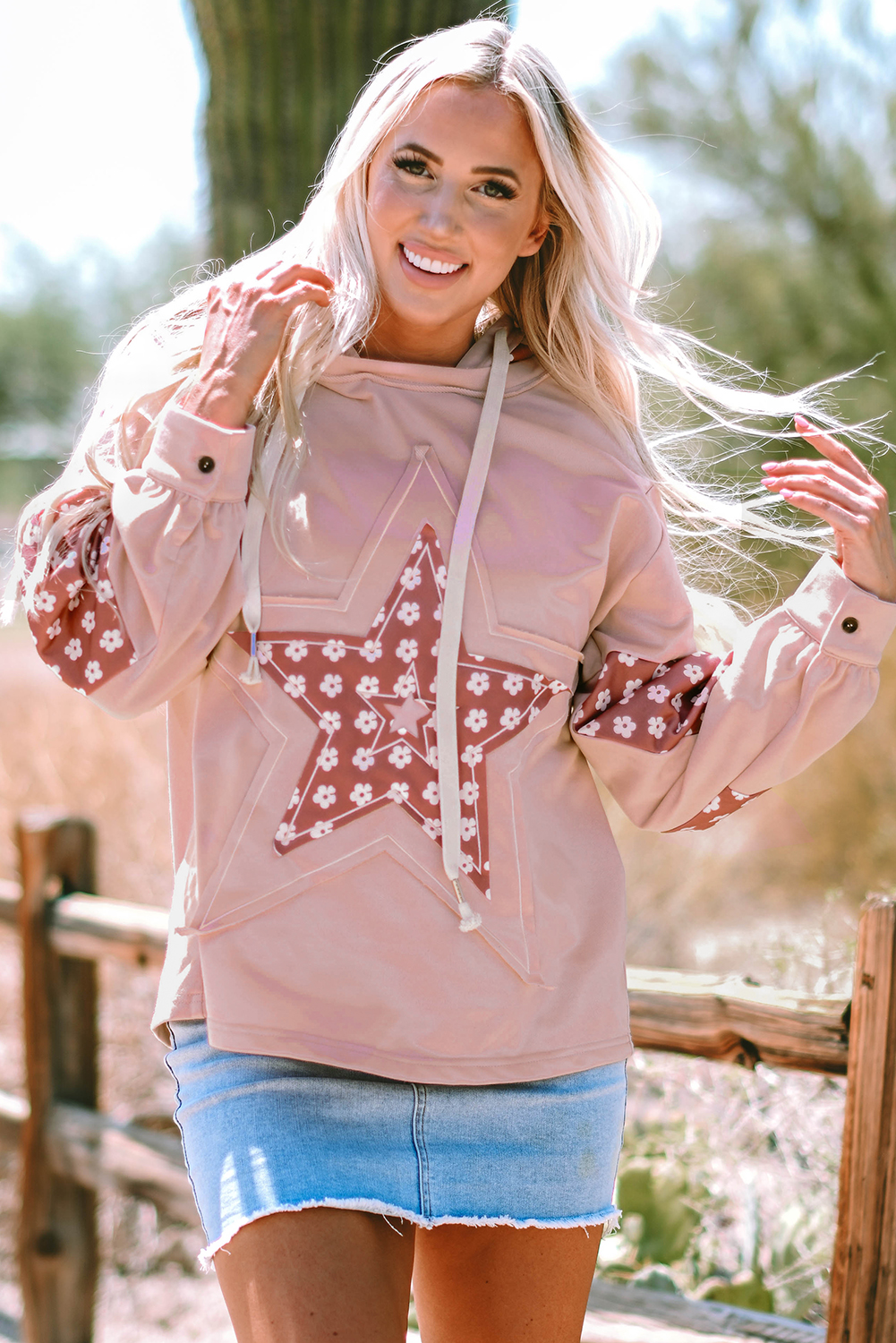 Delicacy Floral Patchwork Star Pattern Drawstring Hoodie - loveforevers