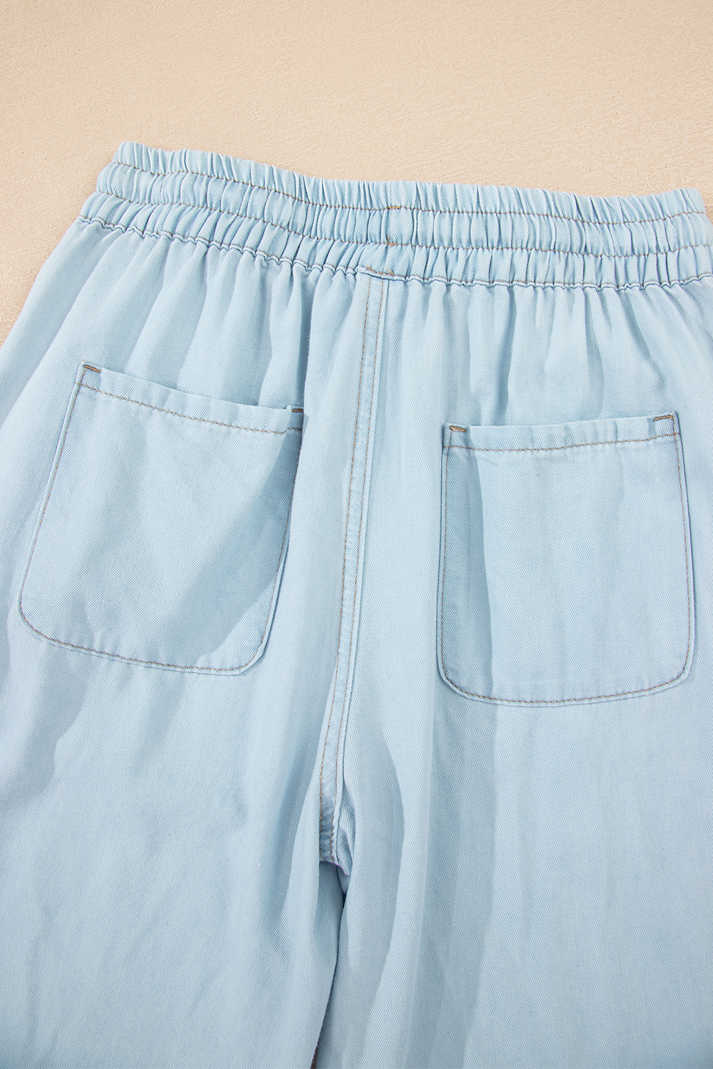 Beau Blue Light Wash Contrast Trim Center Seam Drawstring Elastic Waistband Wide Leg Denim Pants - loveforevers