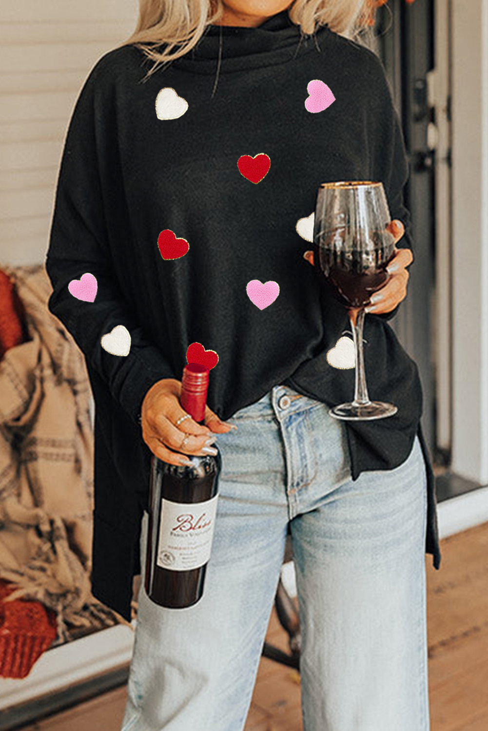 Black Valentines Chenille Heart Patched Dolman Sleeve High Neck Split Top - loveforevers