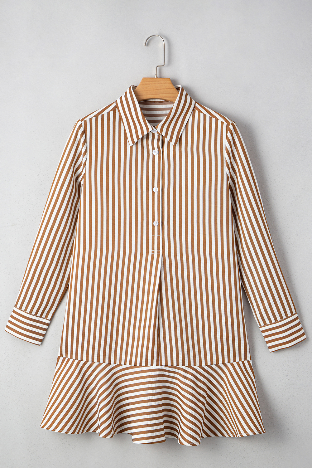 Brown Stripe Ruffled Hem Collared Long Sleeve Shirt Mini Dress - loveforevers