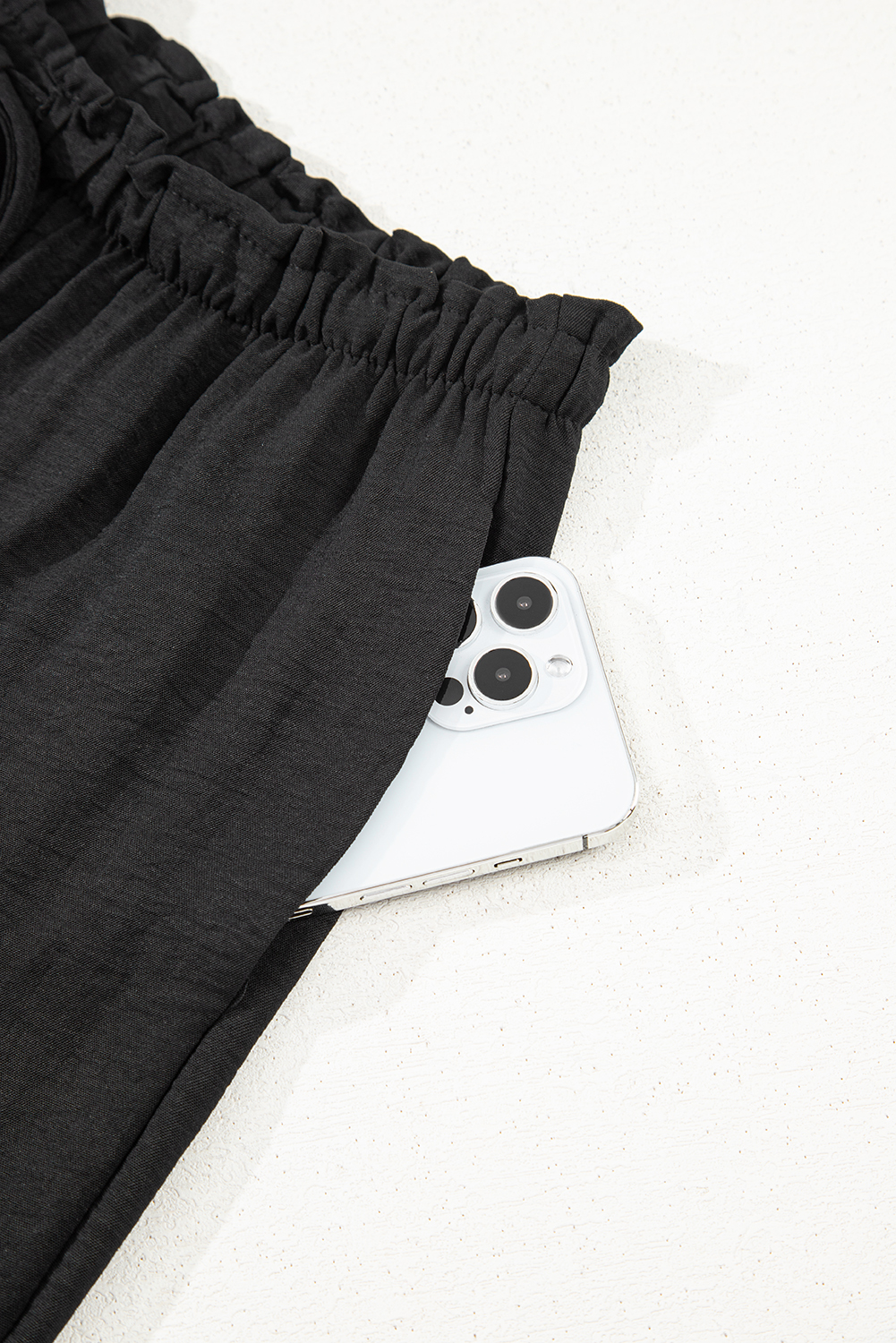 Black Drawstring Frilled Elastic Waistband Wide Leg Utility Trousers - loveforevers