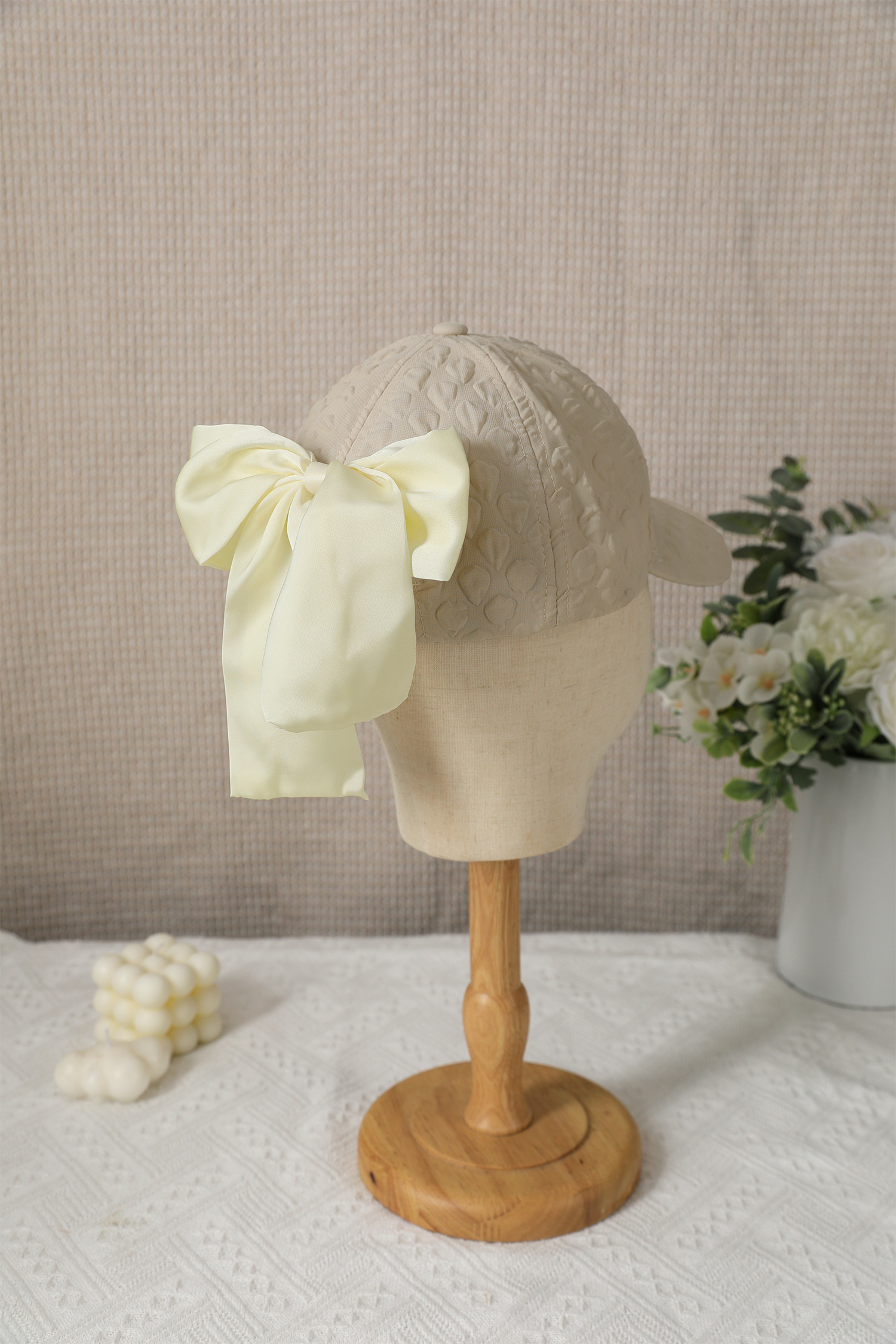 White Ribbon Bow Detail Textured Baseball Cap - loveforevers