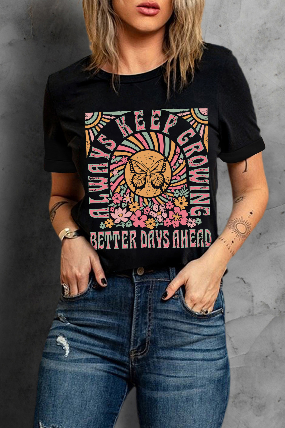 Black Always Keep Growing Butterfly Flower Crewneck Graphic Tee - loveforevers