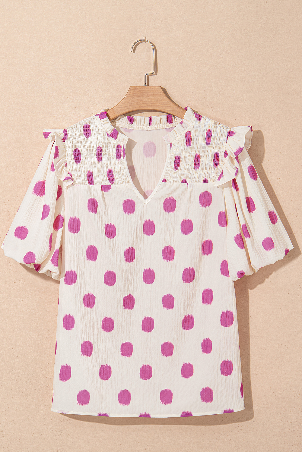 Black Polka Dot Print Shirred Yoke Notched Neck Balloon Sleeve Blouse - loveforevers