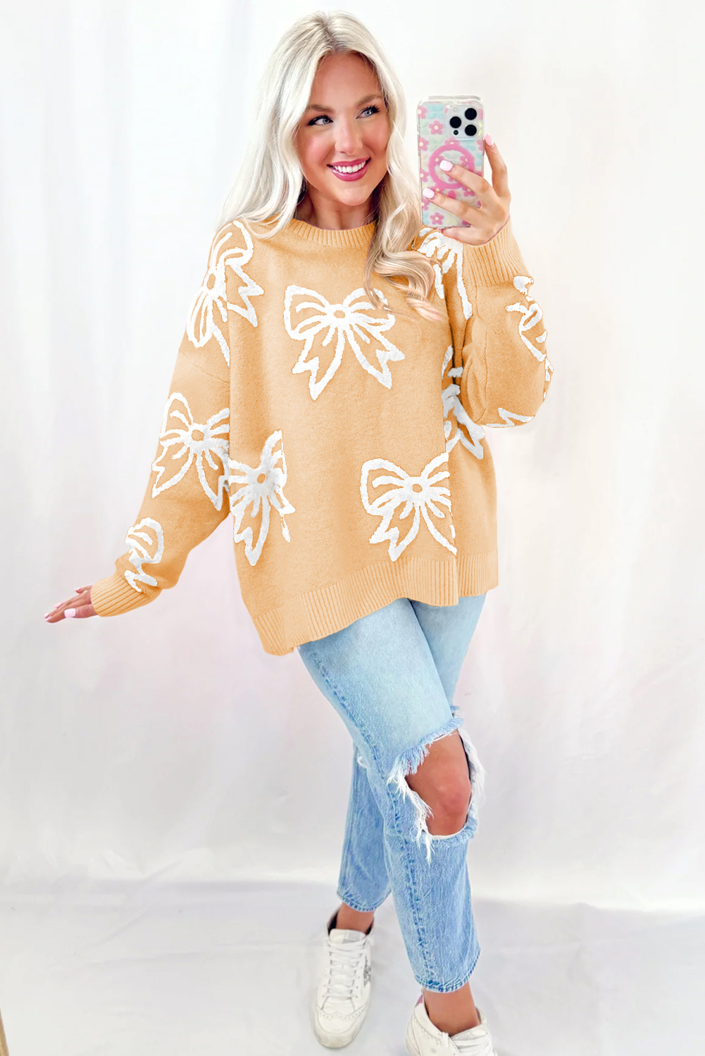 Golden Fleece Bow Pattern Drop Shoulder Loose Sweater - loveforevers