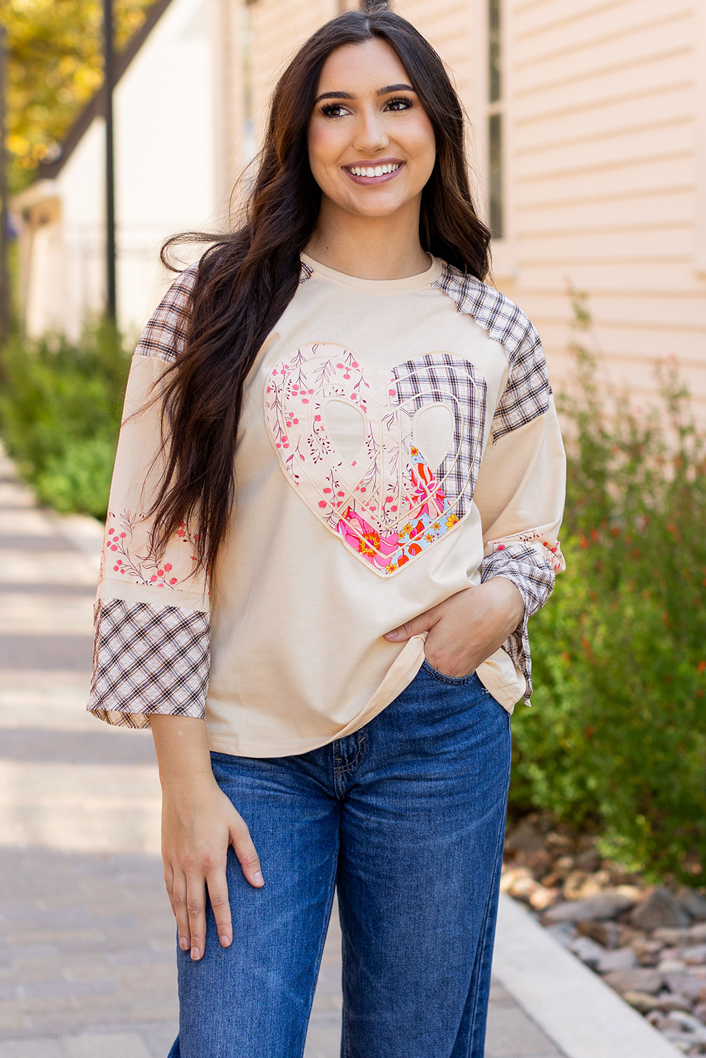 Beige Flower Patch Graphic Exposed Seam Wide Sleeve Top - loveforevers