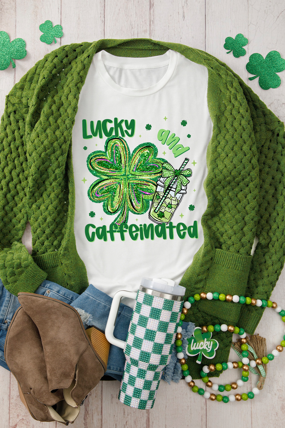 White Lucky and Caffeinated Clover Graphic St Patrick Tee - loveforevers