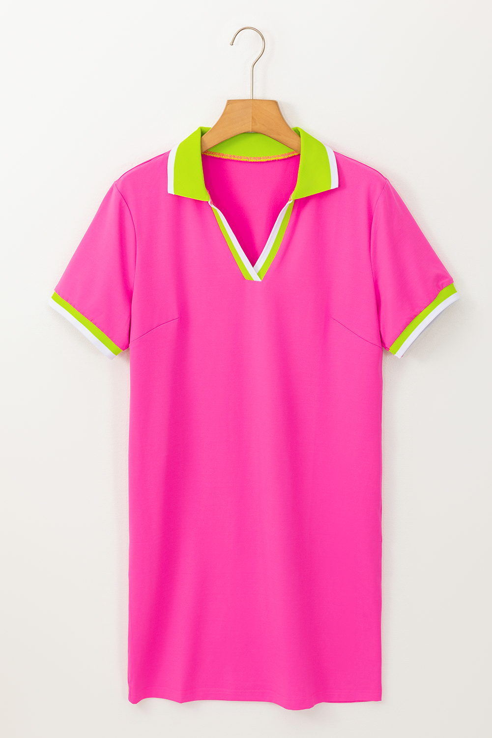 Rose Red Contrast Trim V Neck T-shirt Dress - loveforevers