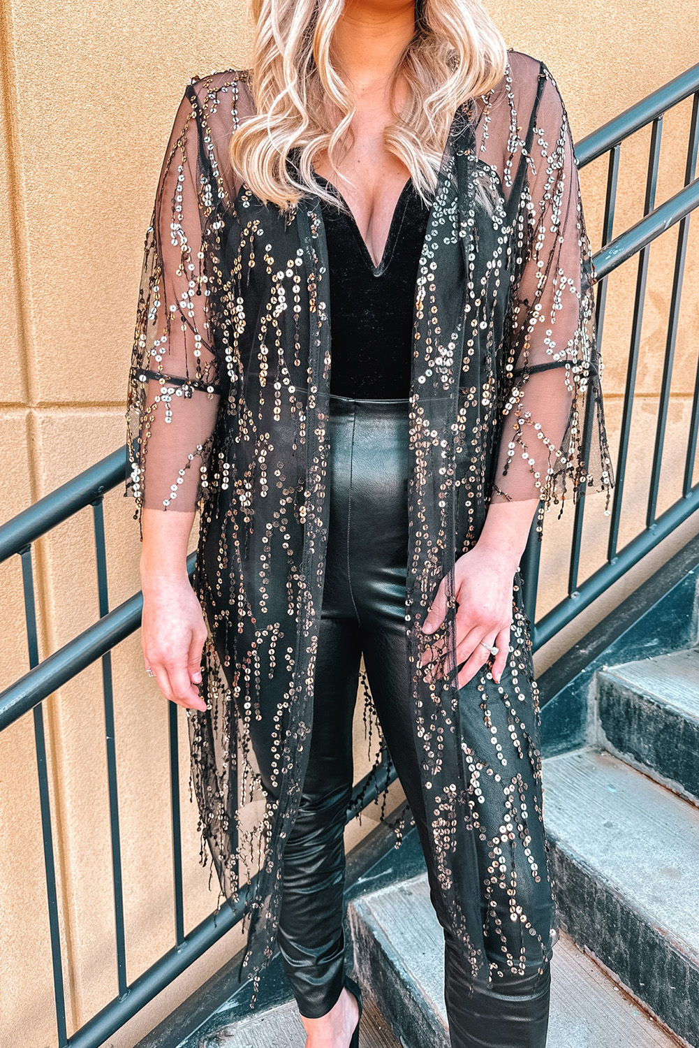 Black Sequin Sheer Long Sleeve Open Front Kimono - loveforevers