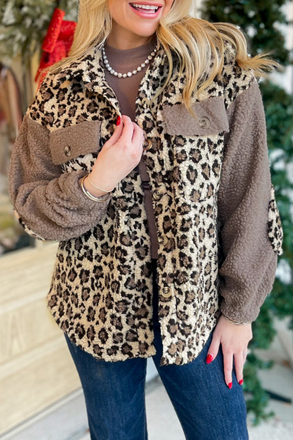 Brown Sherpa Leopard Print Flap Pocket Collared Button Up Jacket - loveforevers