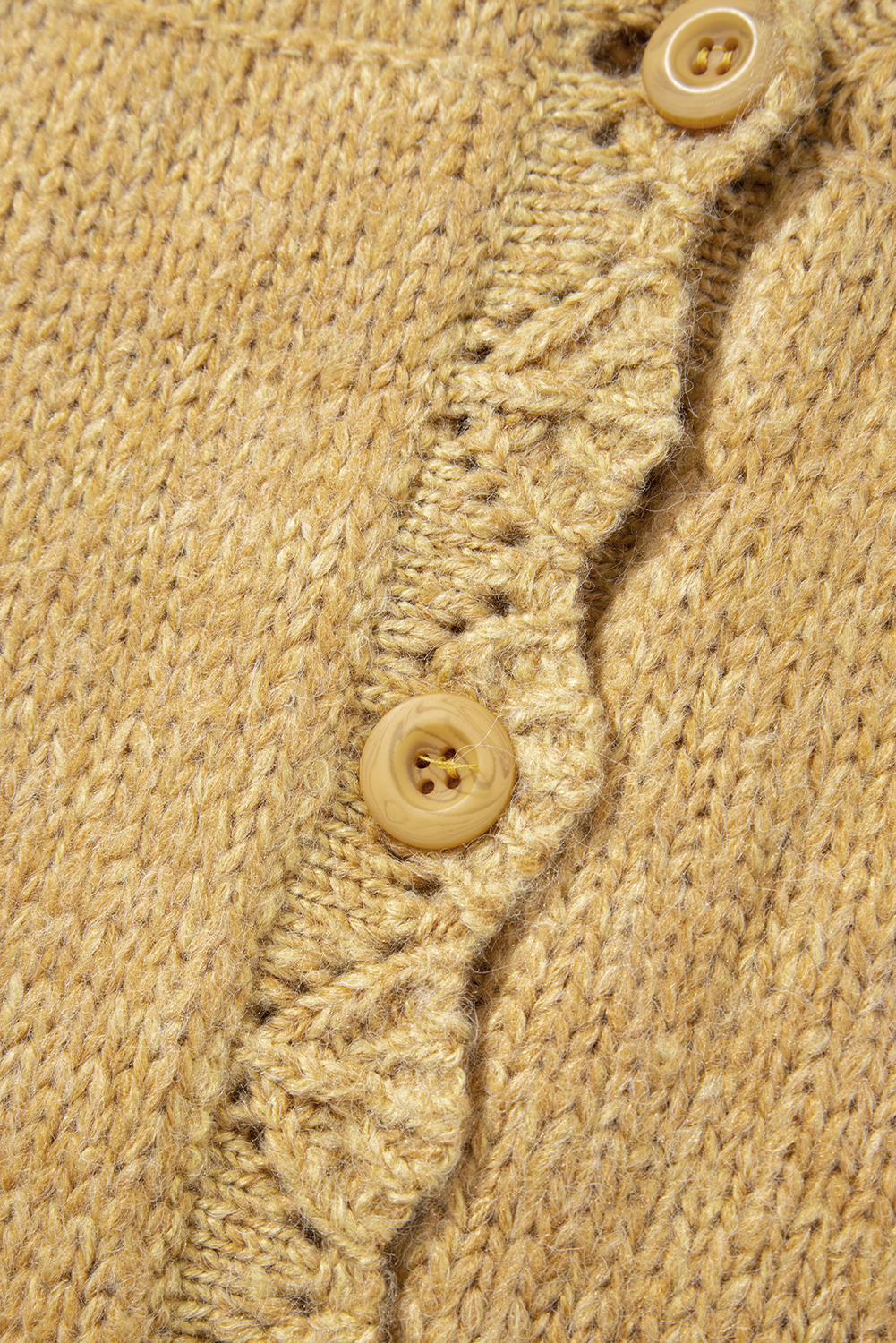Light French Beige Lantern Sleeve Scallop V Neck Buttoned Front Cardigan - loveforevers