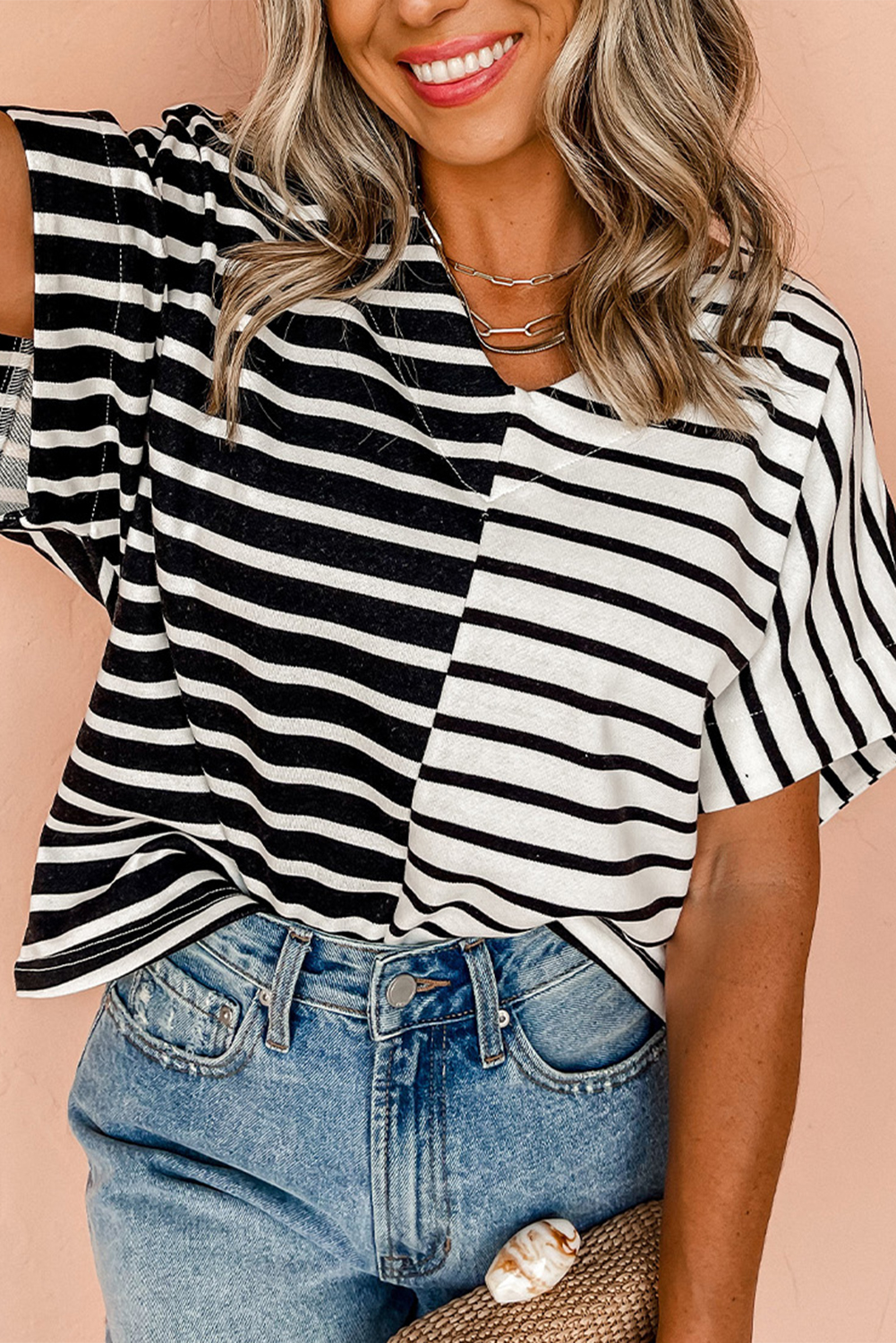 Black Stripe Two Tone Colorblock V Neck T Shirt - loveforevers