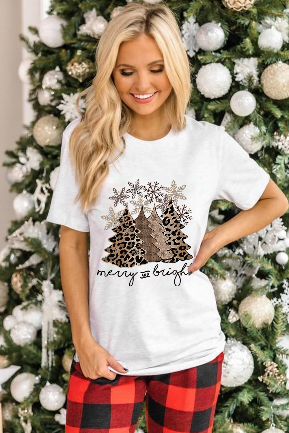 Black Leopard Christmas Tree Graphic Crew Neck T Shirt - loveforevers