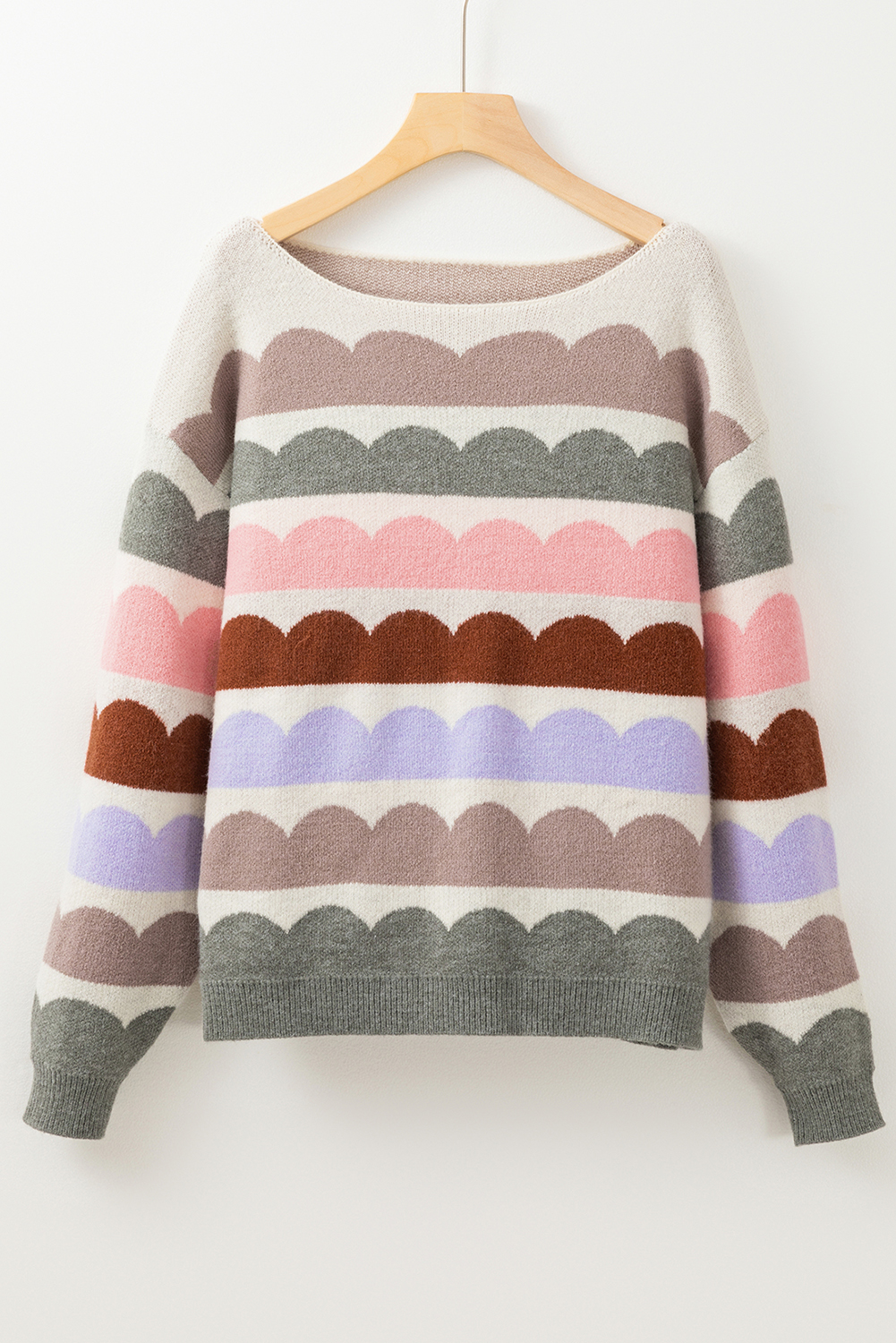Rose Red Wave Striped Balloon Sleeve Drop Shoulder Sweater - loveforevers