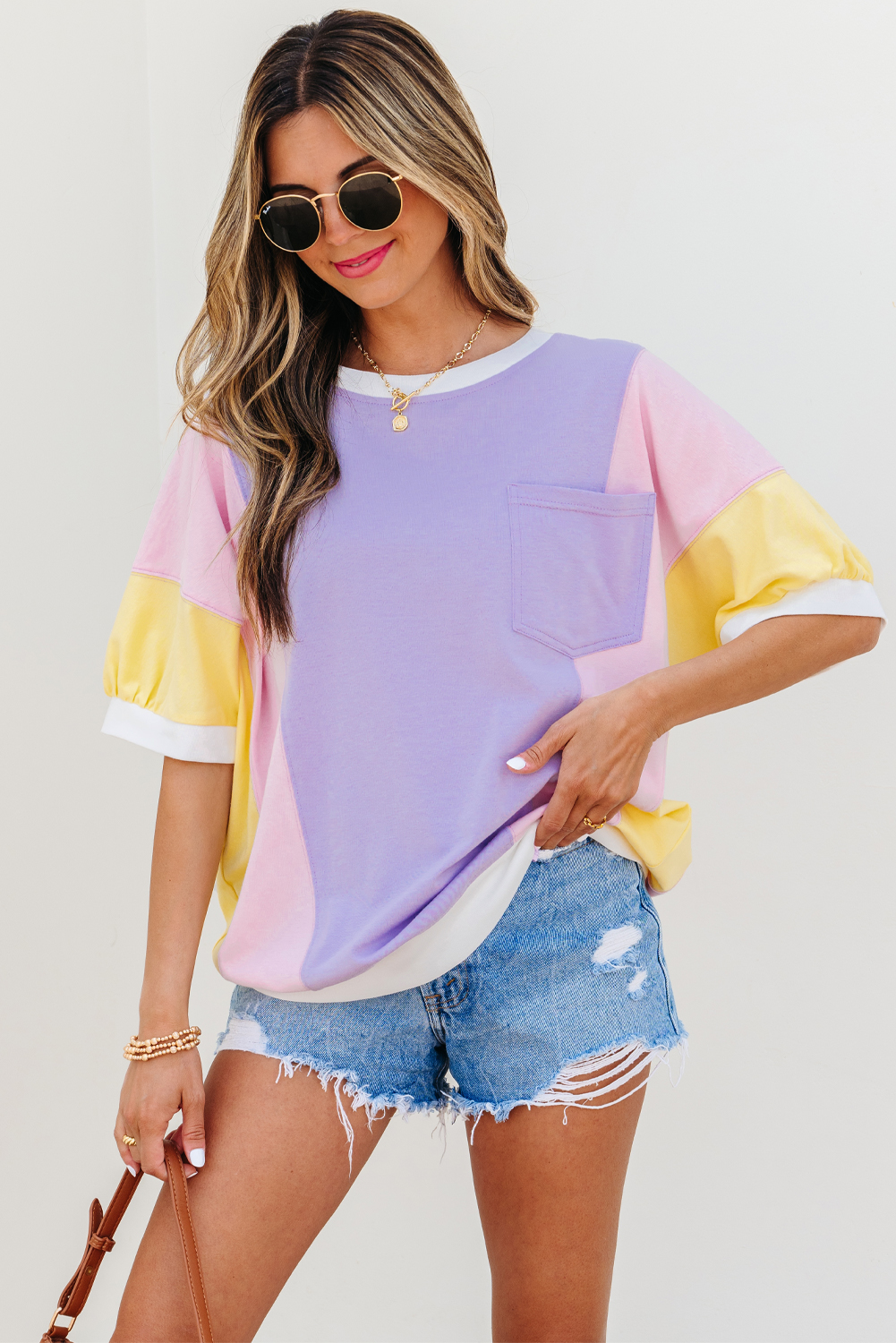 Purple Color Block Patchwork Half Sleeve Oversized T Shirt - loveforevers