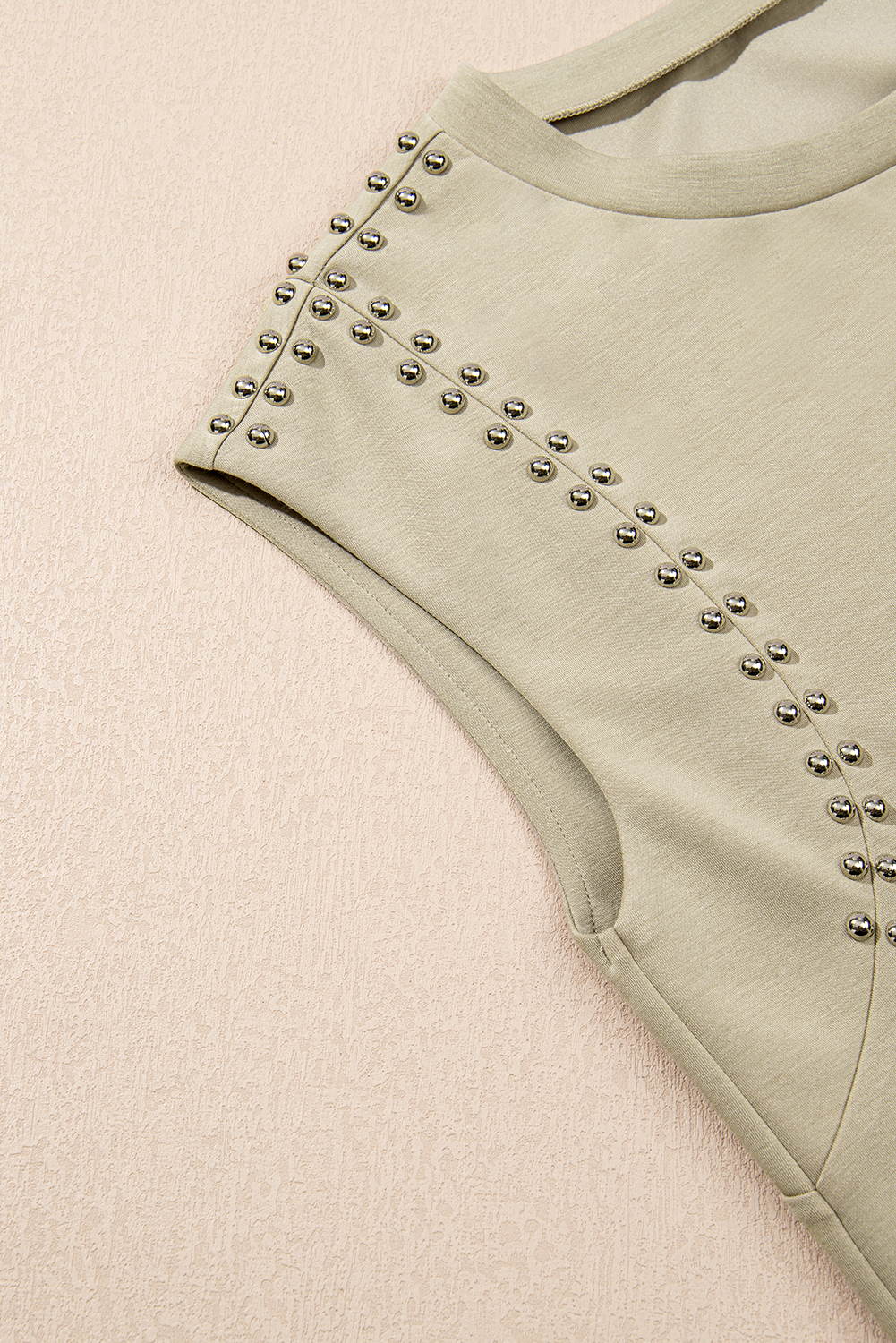 Sage Green Studded Cap Sleeve Round Neck T Shirt - loveforevers