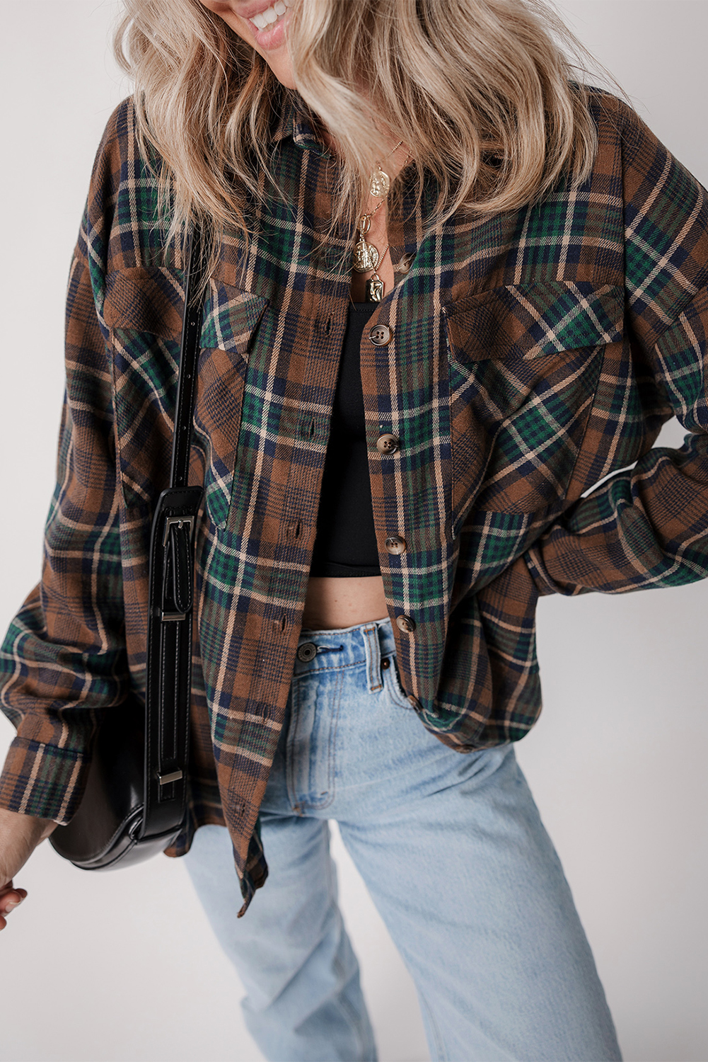 Brown Plaid Print Chest Pockets Buttoned Shirt Jacket - loveforevers