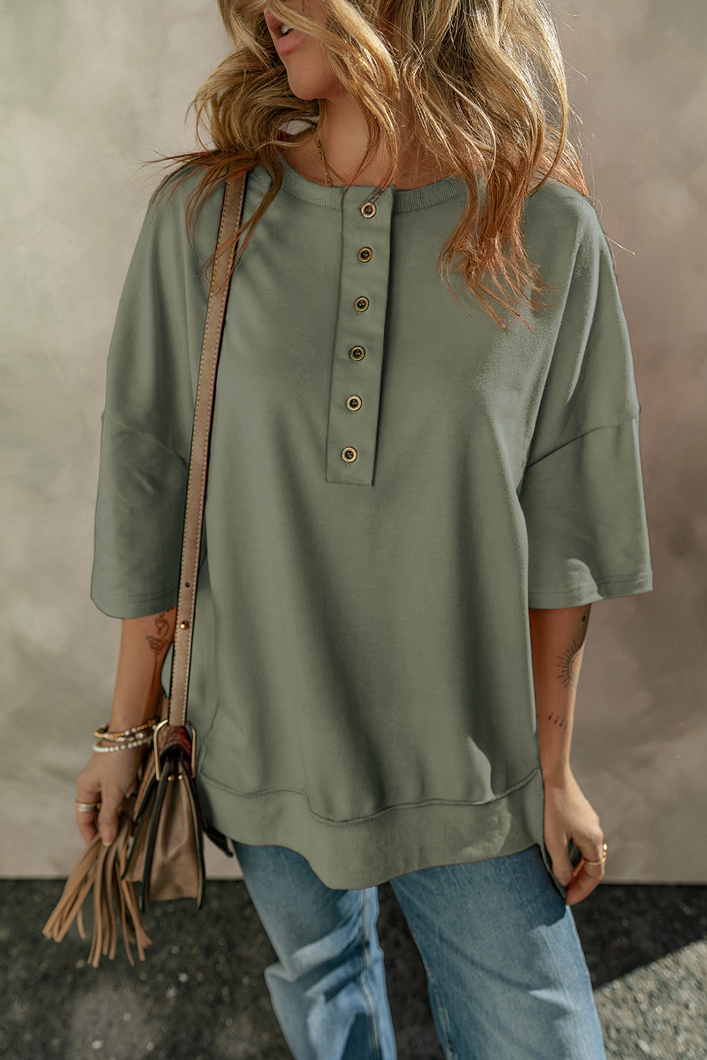 Jungle Green Exposed Seam Button Neck Wide Sleeve Tunic Top - loveforevers