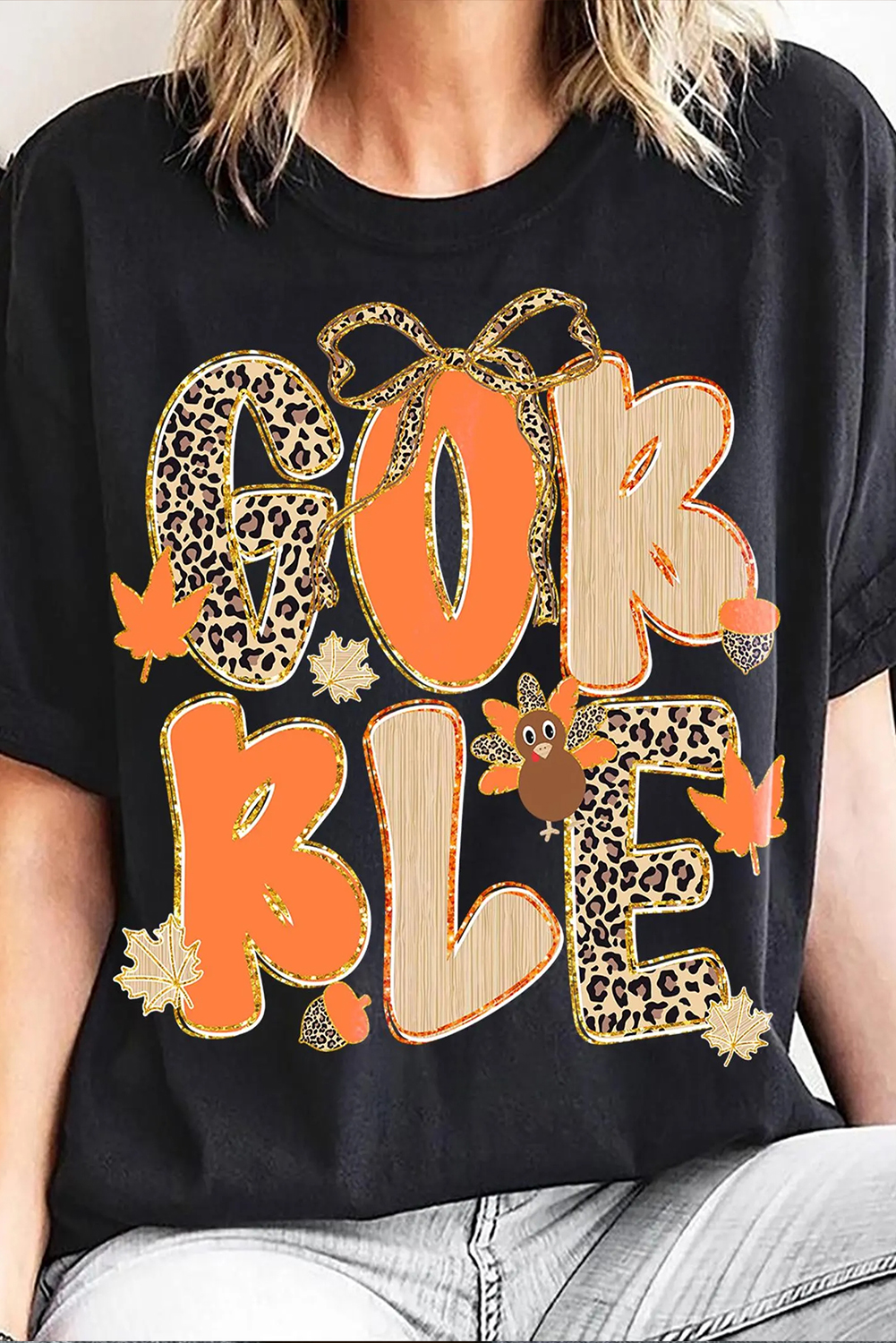 Black GOBBLE Leopard Letter Print Turkey Bow Graphic T Shirt - loveforevers