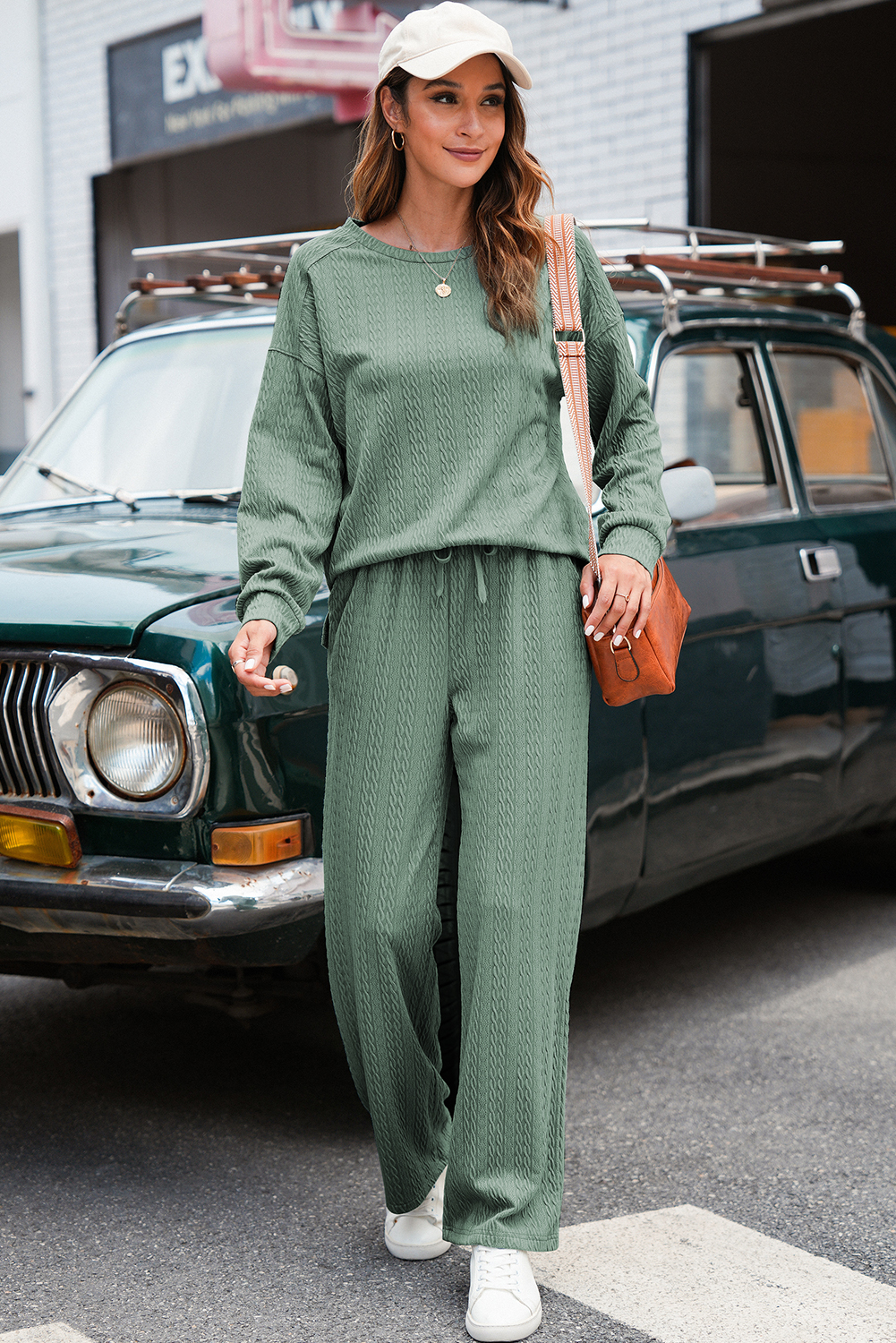 Smoke Green Textured Round Neck Sweatshirt & Loose Drawstring High Waist Pant Set - loveforevers