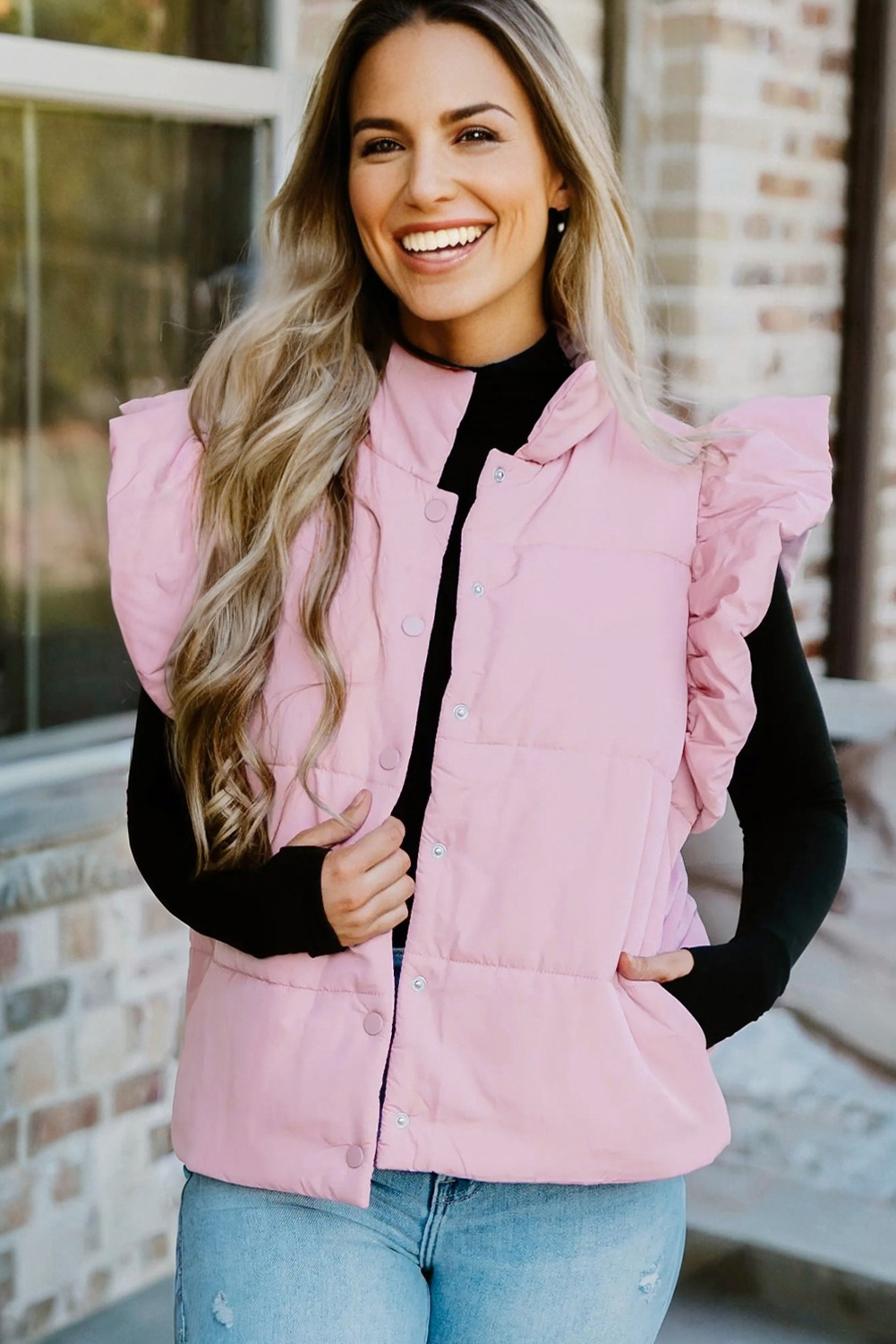 Pink Stand Neck Flutter Sleeve Snap Button Puffer Vest - loveforevers