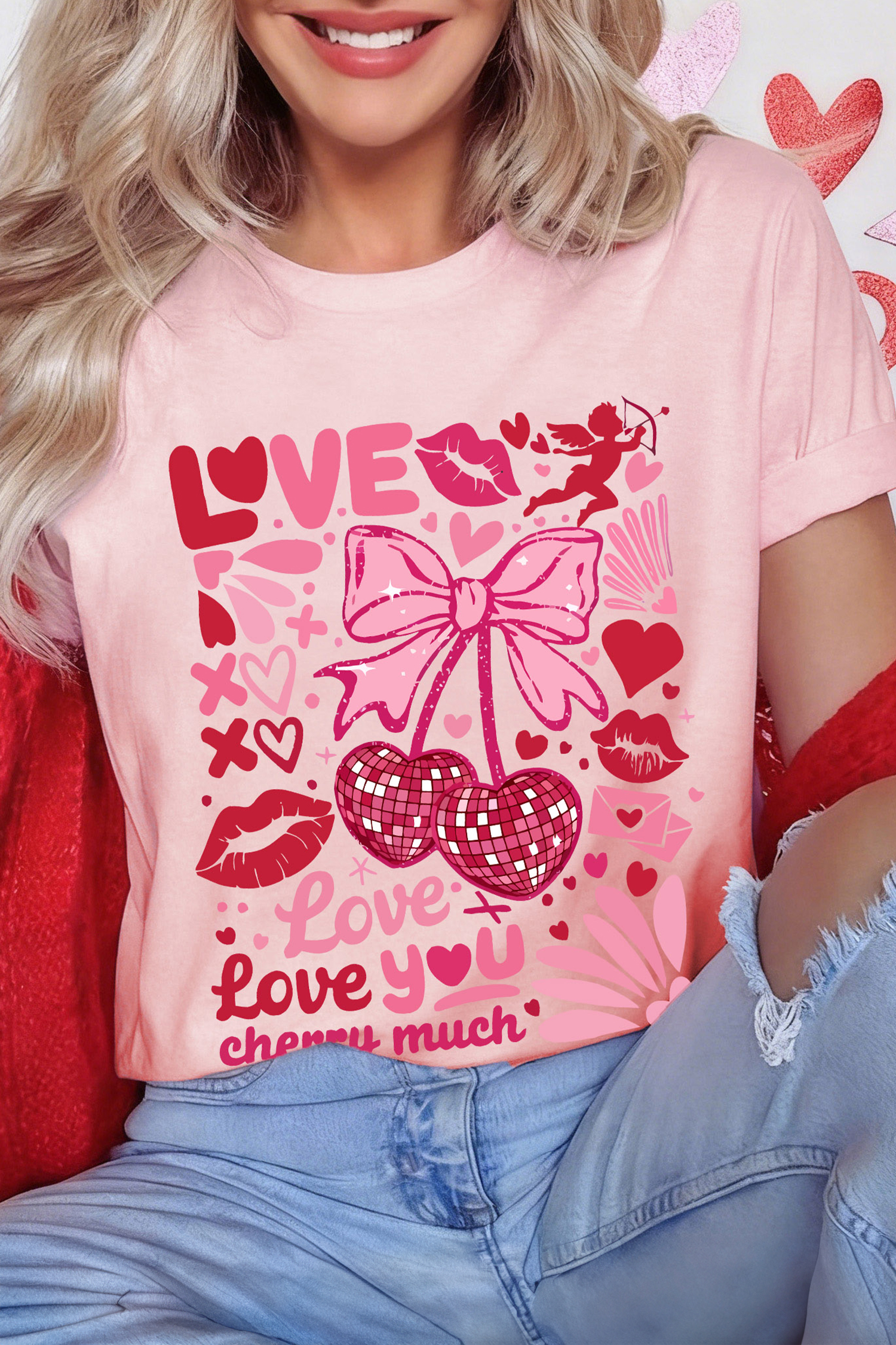 Pink Love You Cherry Much Valentines Day Graphic Tee - loveforevers