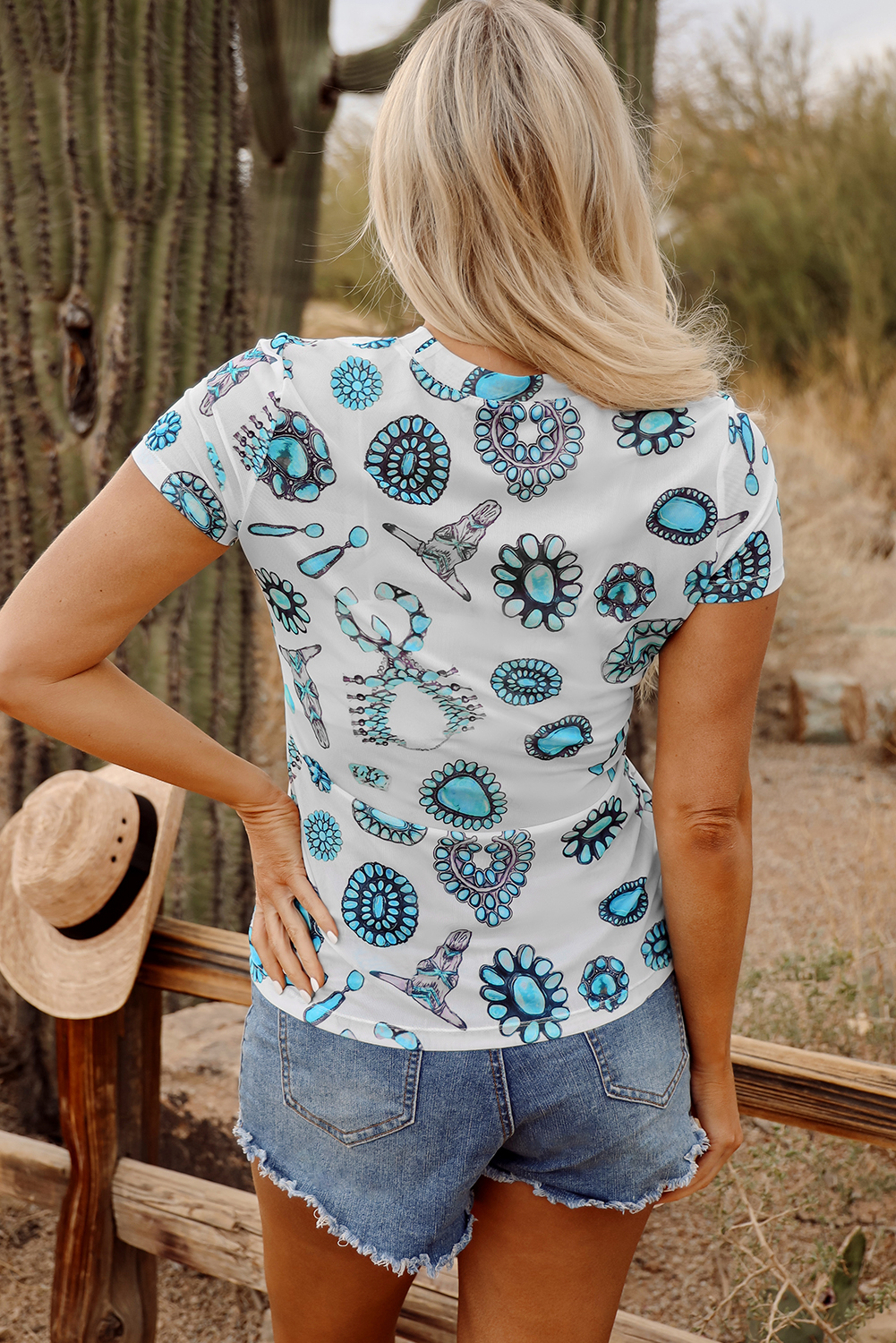 Sky Blue Western Turquoise Printed Crewneck Slim Fit Tee - loveforevers