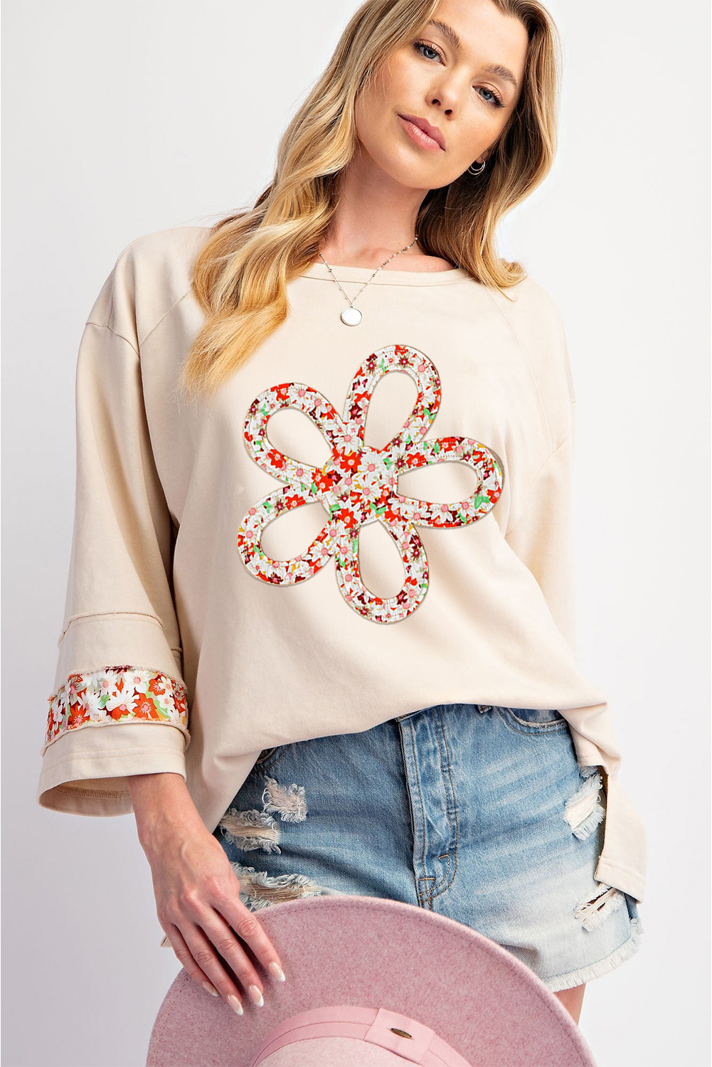 Beige Flower Patch Graphic Exposed Seam Wide Sleeve Top - loveforevers