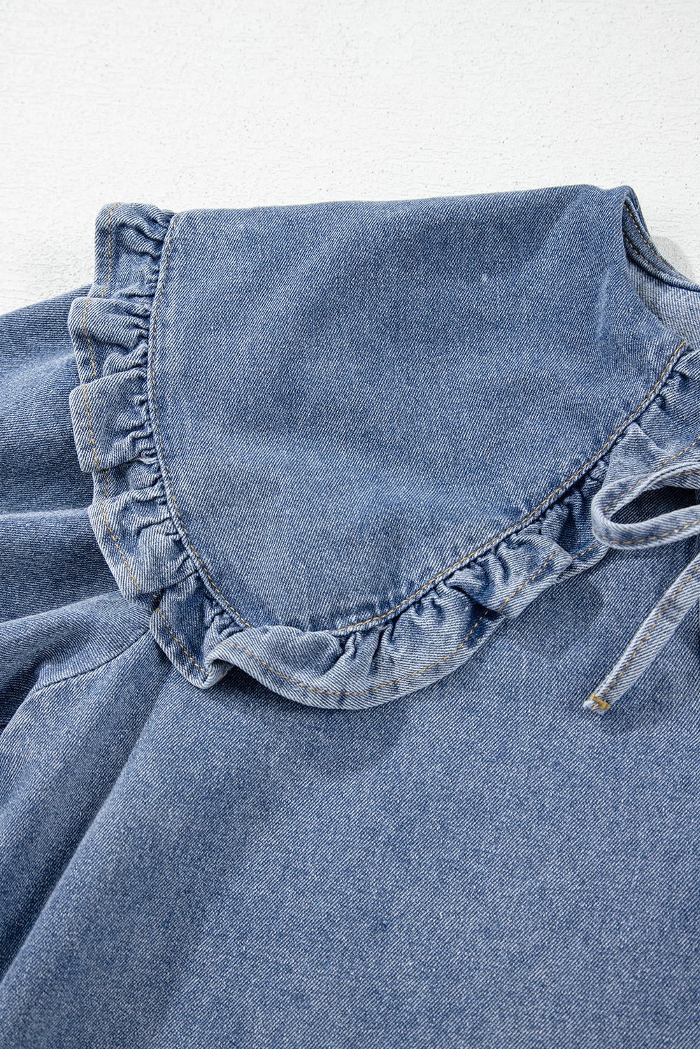 Dusk Blue Ruffled Collared Side Pockets Puff Sleeve Denim Mini Dress - loveforevers