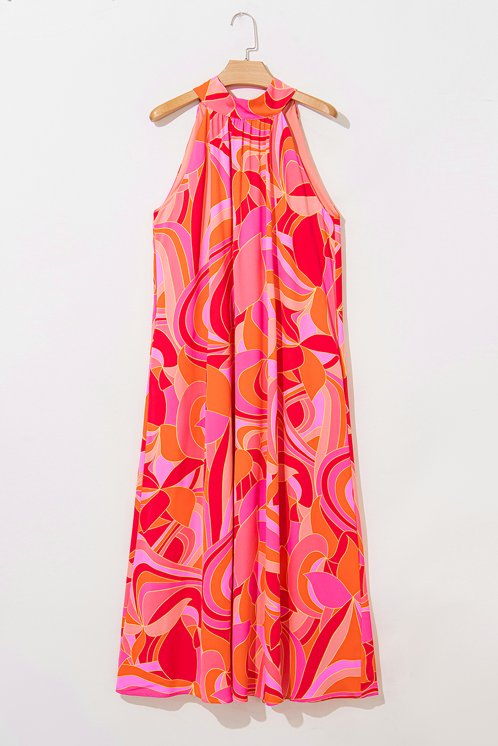 Rose Abstract Printed High Neck Knotted Nape Sleeveless Maxi Dress - loveforevers