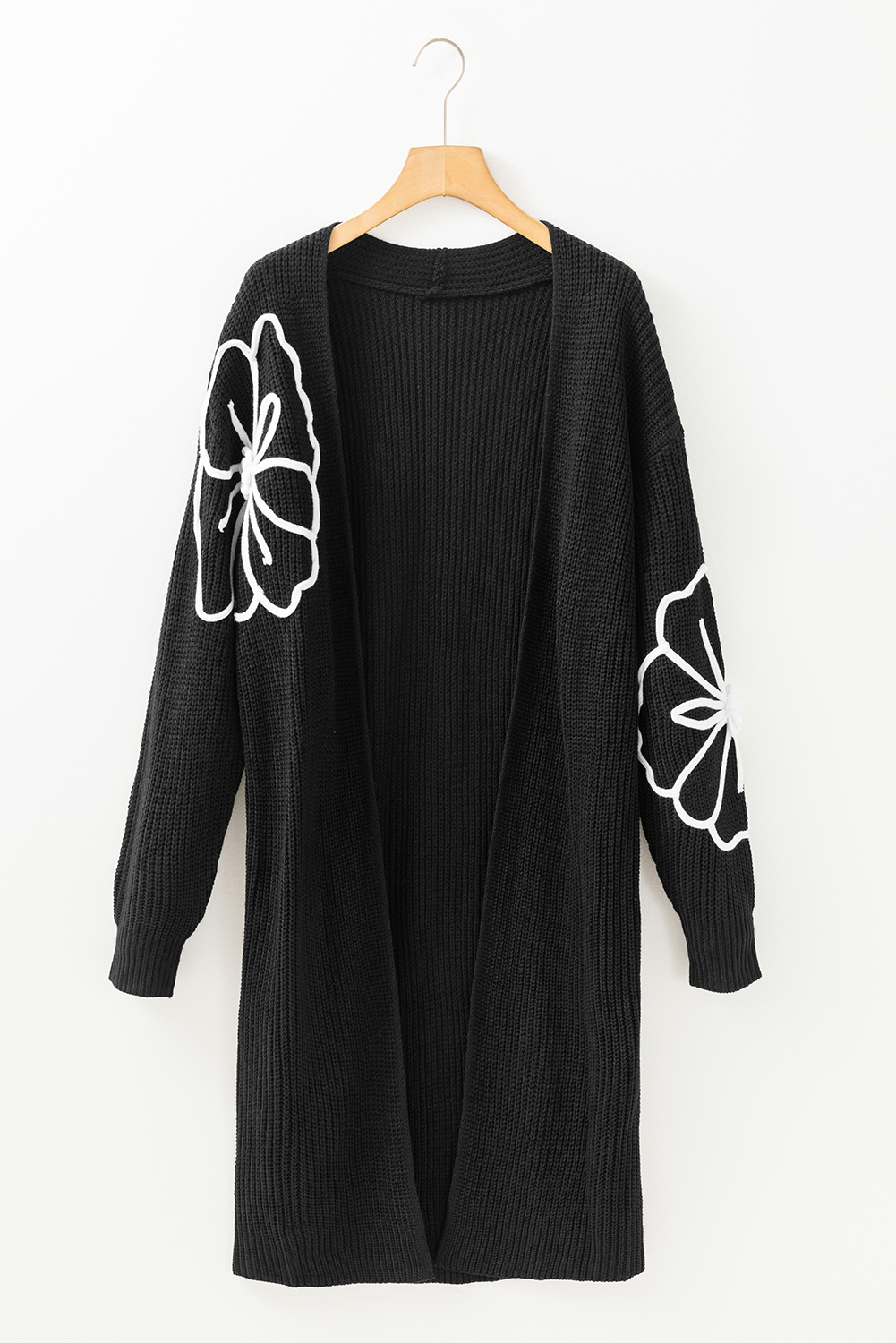 Black Flower Embroidered Drop Shoulder Open Front Duster Cardigan - loveforevers