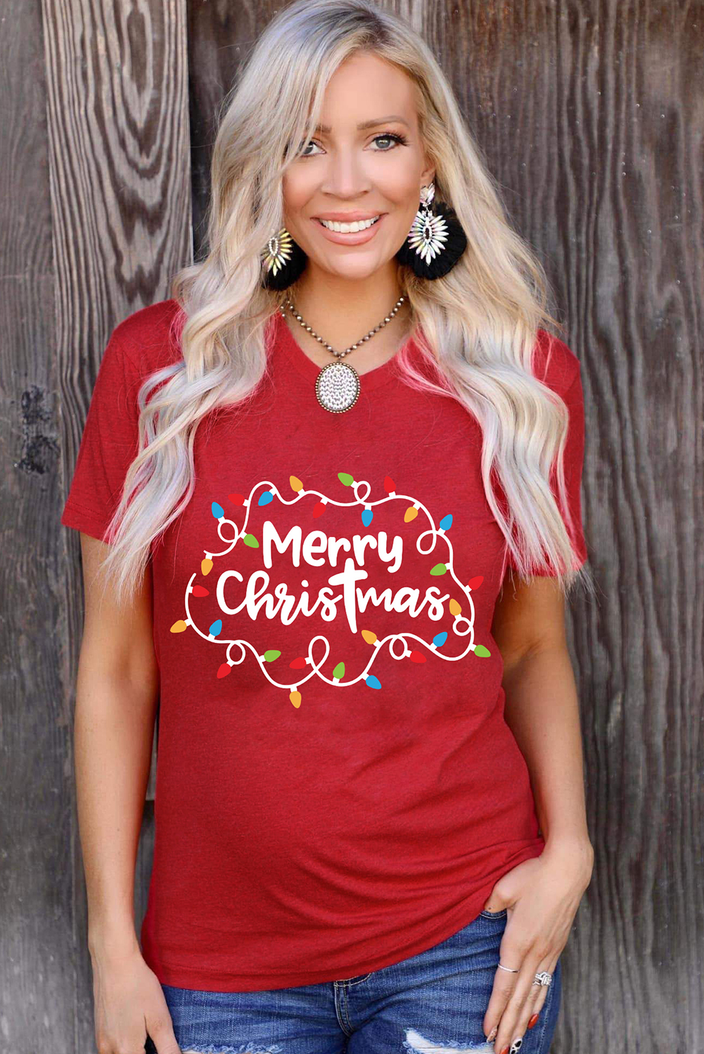 Red Merry Christmas Lights Print Crew Neck T Shirt - loveforevers