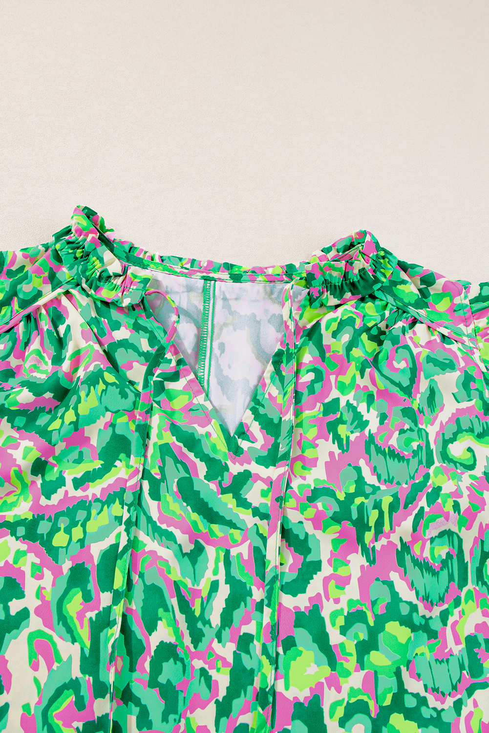 Green Abstract Print Ruffled Trim Tied Split Neck Tank Top - loveforevers
