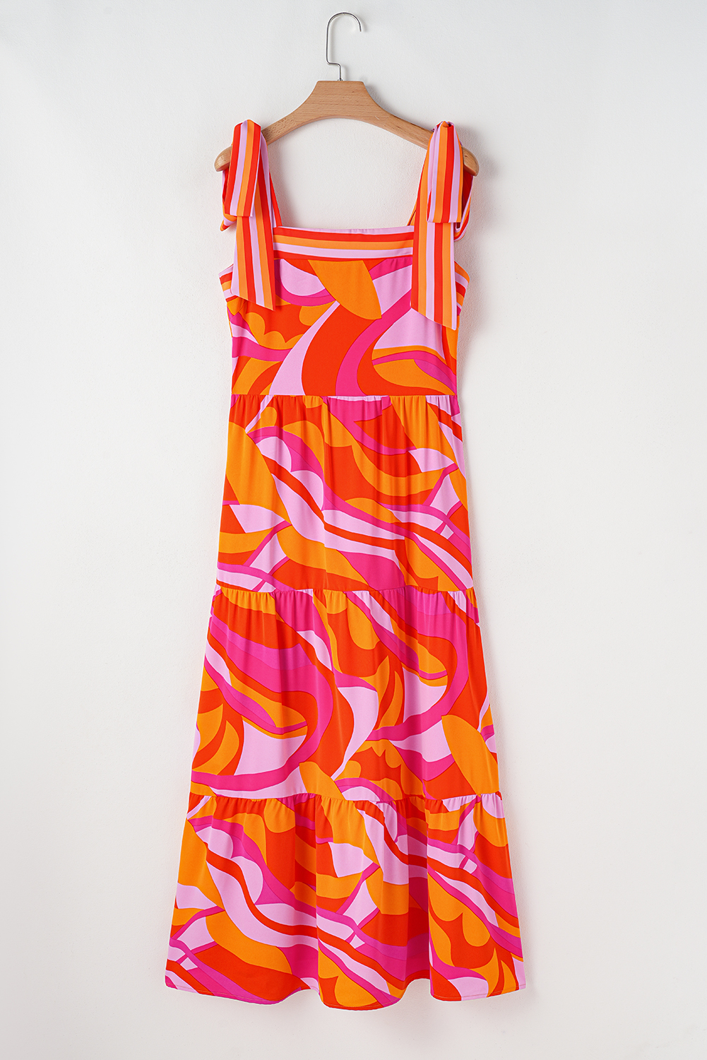 Red Abstract Print Knotted Shoulder High Waist Maxi Dress - loveforevers