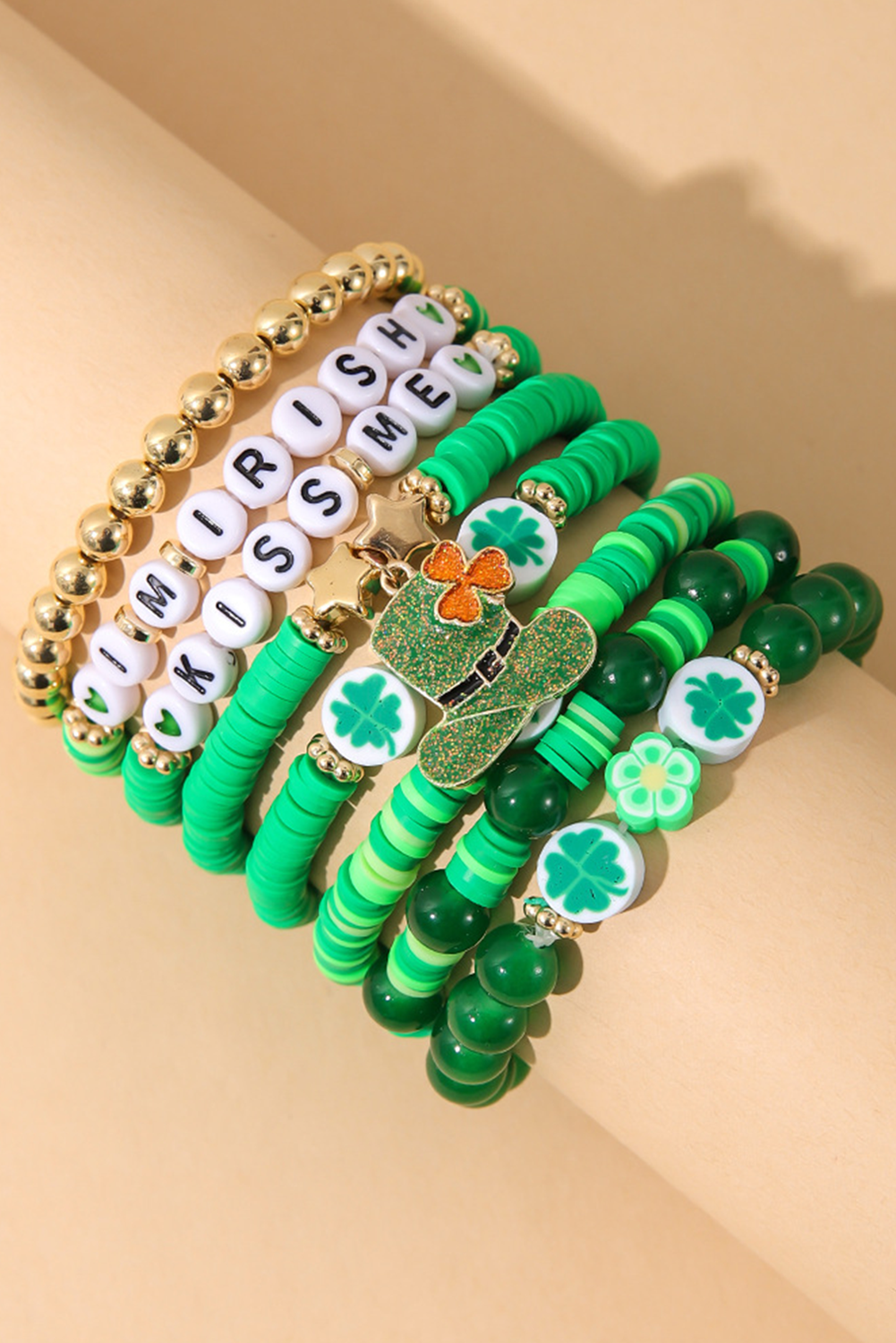 Green St Patricks Shamrock Letter Beaded Multi Layer Bracelet Set - loveforevers