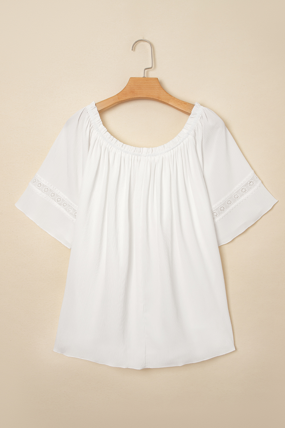 White Frilly Off Shoulder Lace Insert Sleeve Textured Blouse - loveforevers
