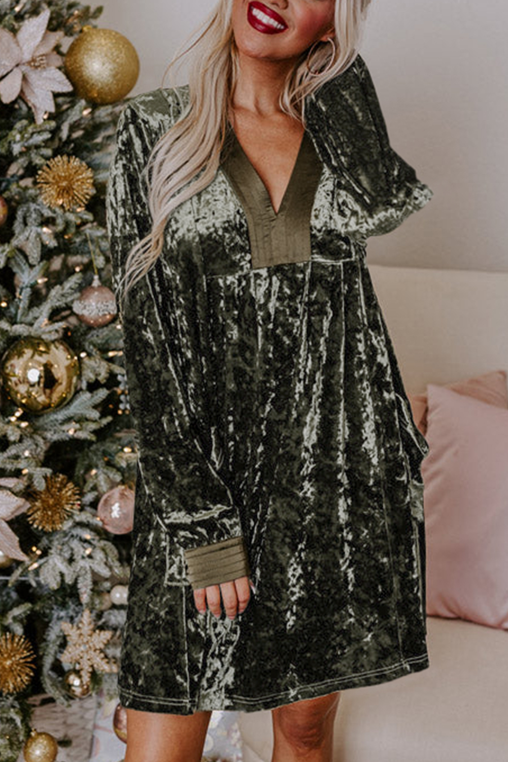 Jungle Green Velvet Long Sleeve V Neck Loose Dress with Pockets - loveforevers