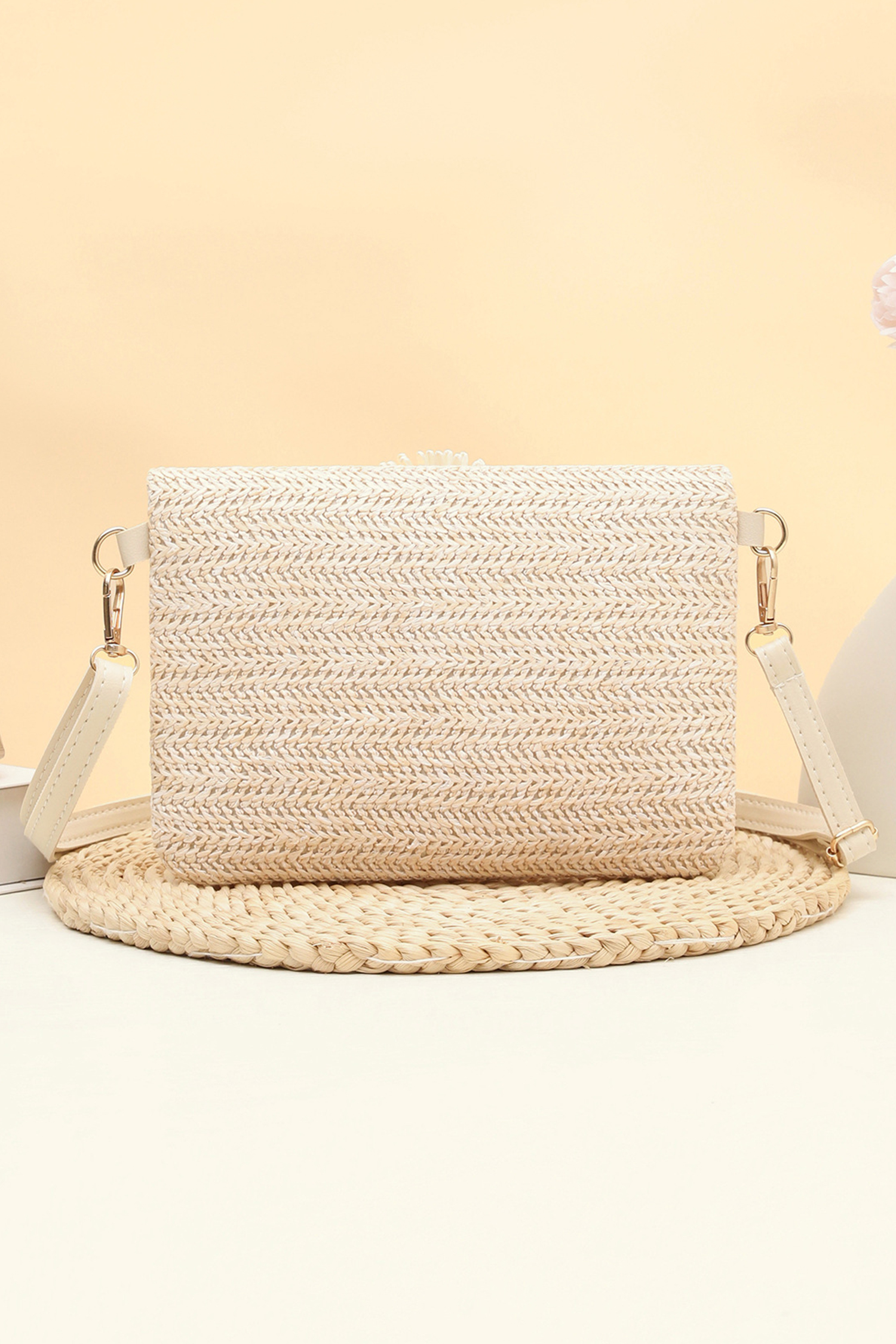 White Daisy Flower Straw Woven Zip Folded Magnetic Button Shoulder Bag - loveforevers