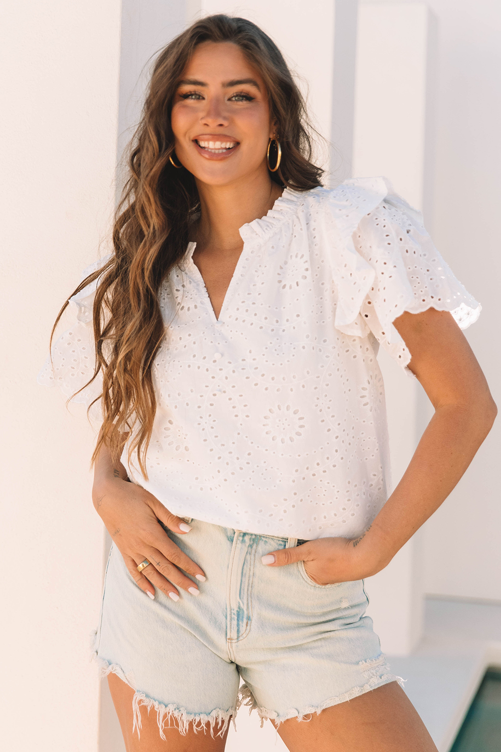 White Broderie Anglaise Ruffle Short Sleeve Blouse - loveforevers