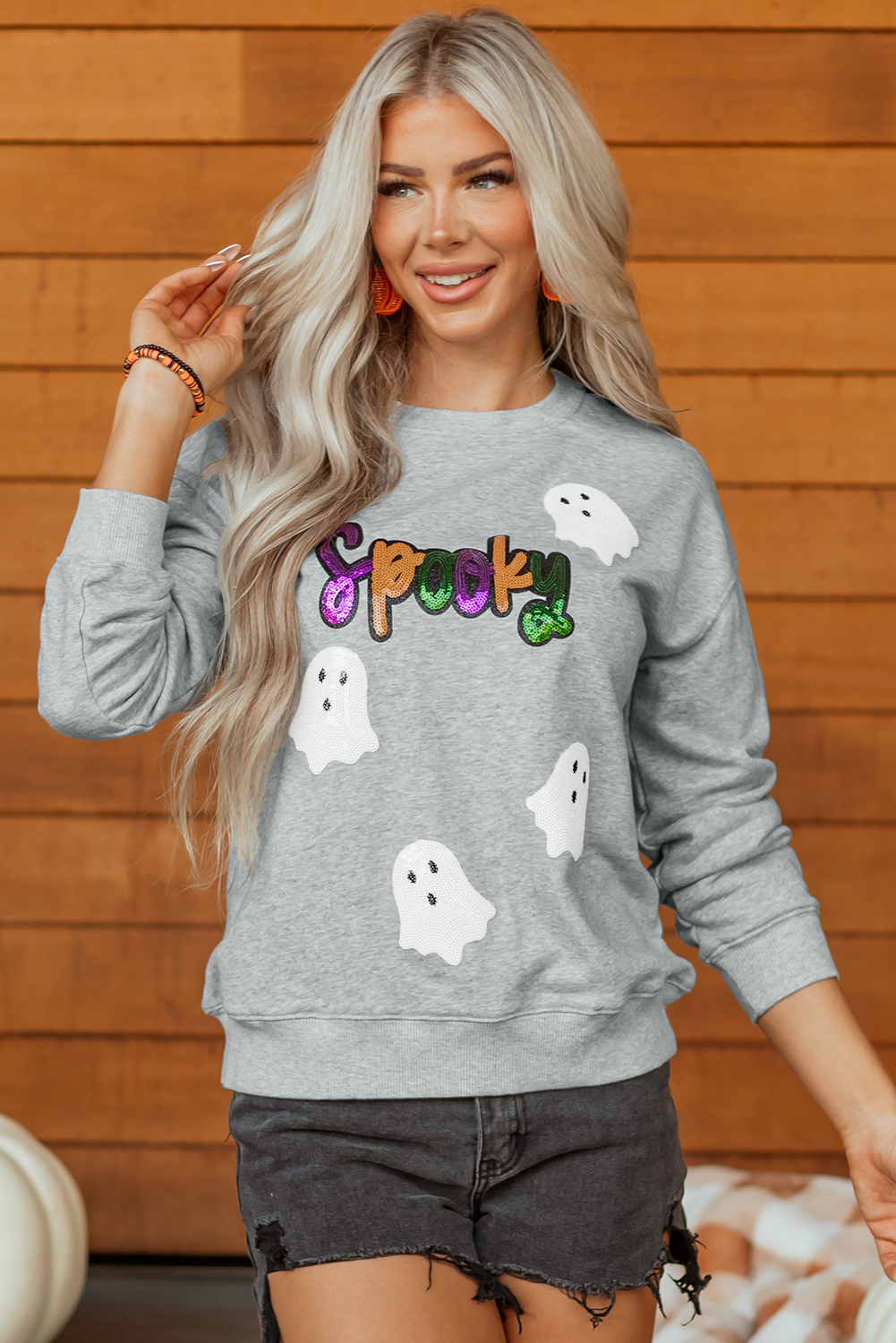 Gray Spooky Halloween Ghost Sequin Patched Sweatshirt - loveforevers