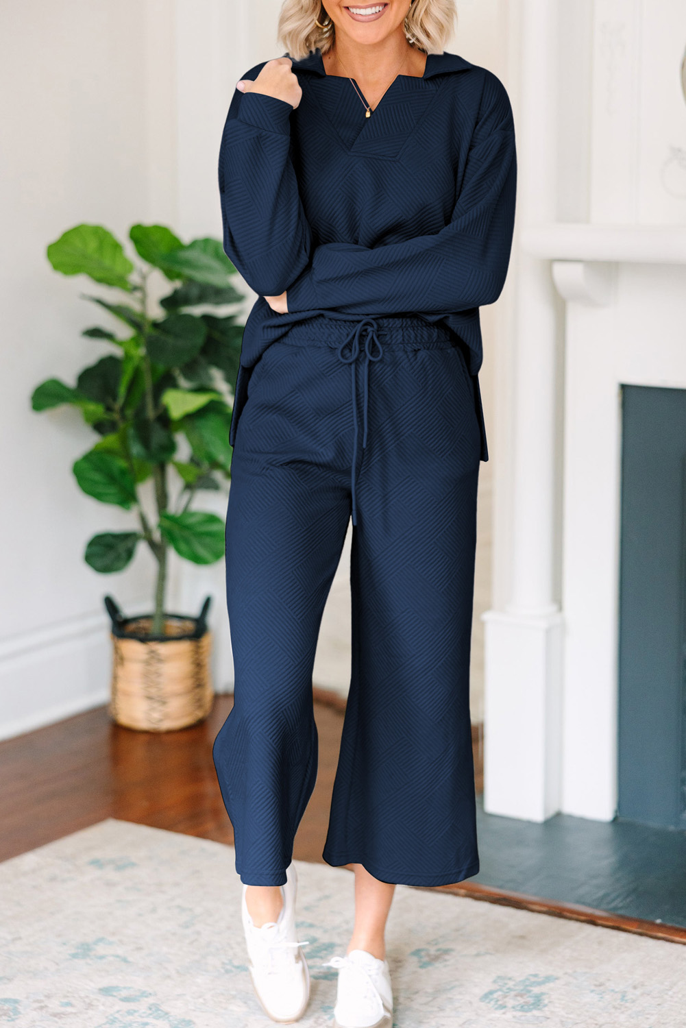 Sail Blue Solid Textured Collared V Neck Top and Wide Leg Pants Set - loveforevers