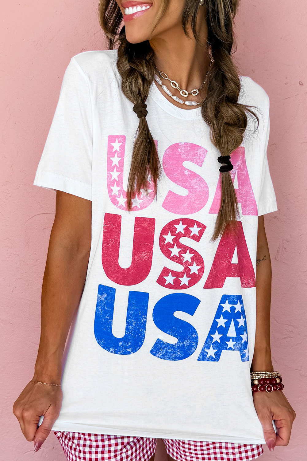 White USA Starry Letter Graphic Cotton Blend T Shirt - loveforevers